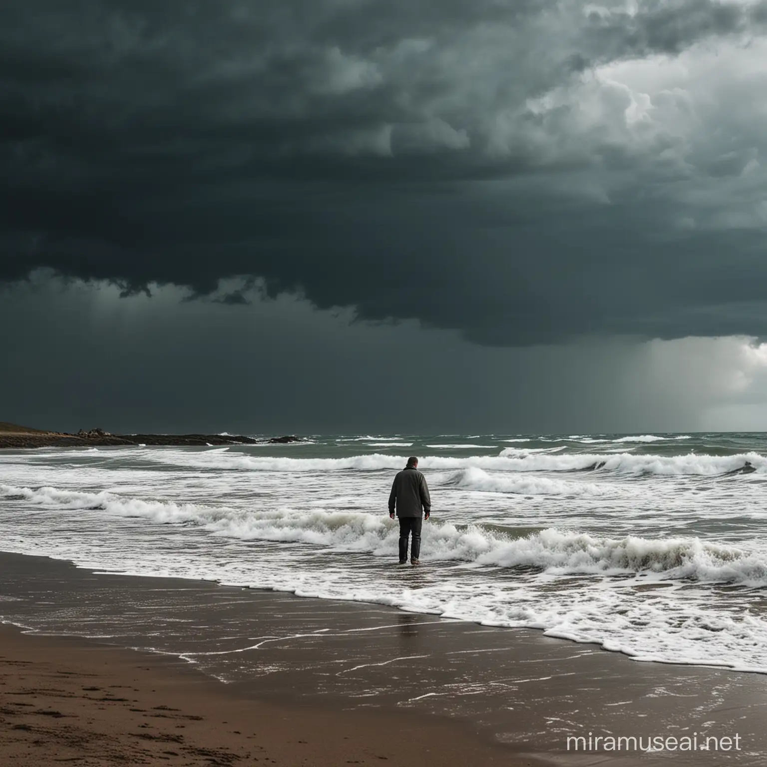 Lonely Man Walking on Stormy Shore