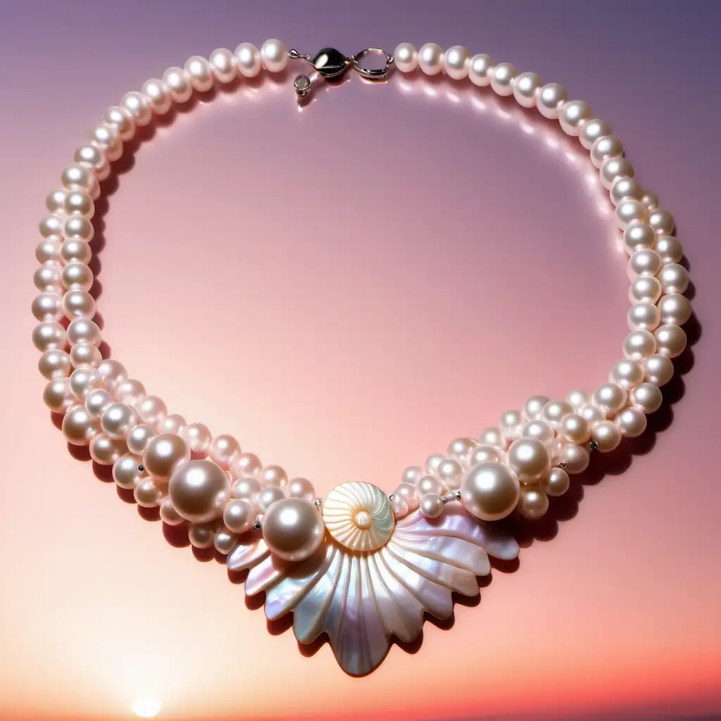 Jewelry made from pearls and mother of pearl. using sea shell as a motif . Background subtle pink sunset sky