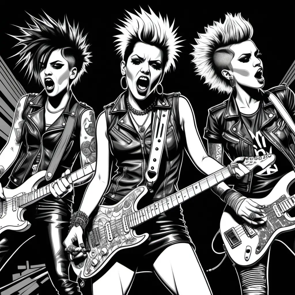 adult coloring book, black and white. Illustrated, dark lined, no shading, Highly detailed. Pop art style action image of a female punk rock band on stage.