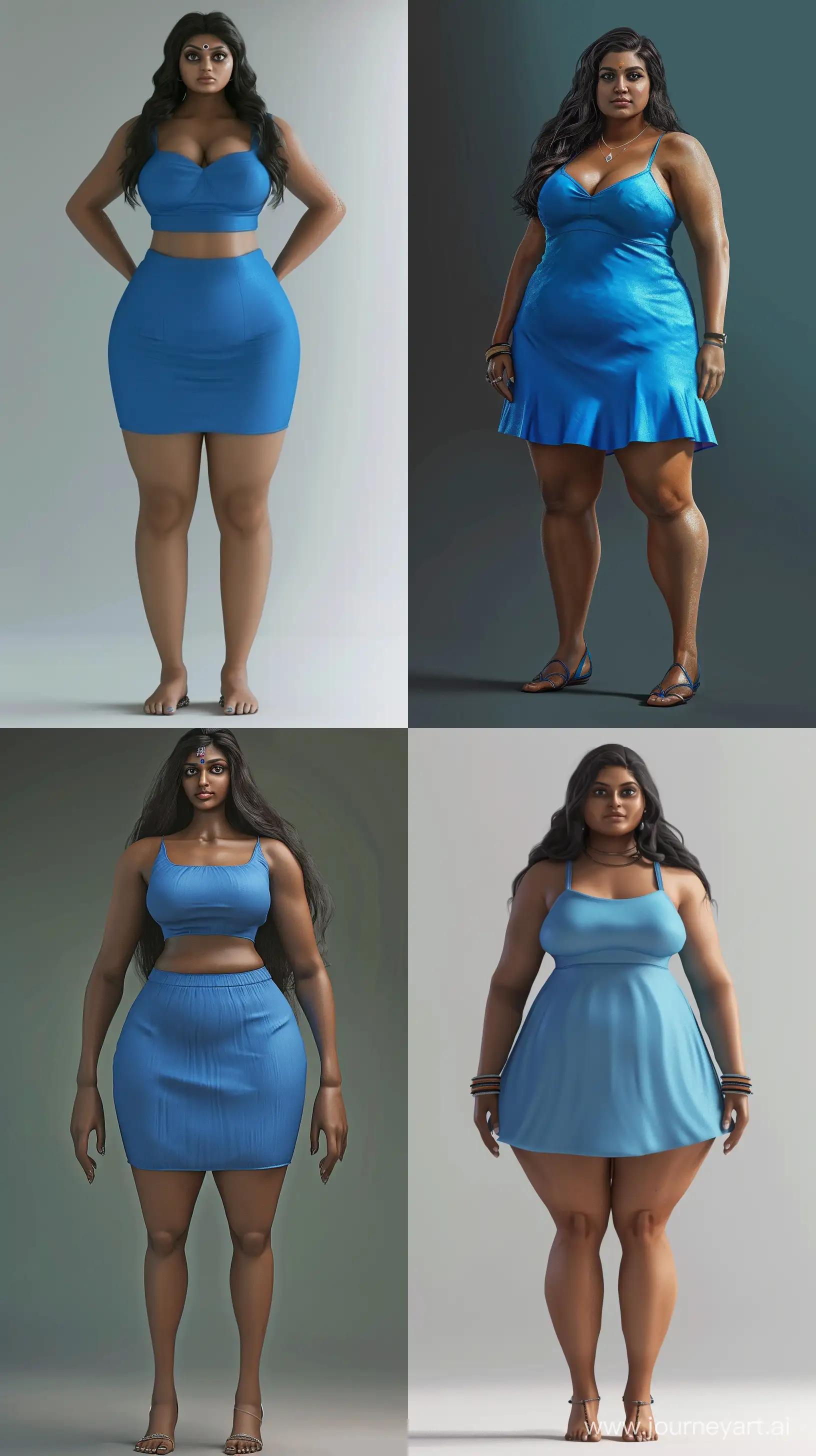A realistic color photo of a very tall thick curvy Tamil Indian woman wearing a blue dress. tall curvy thick body. wide hips. Face like a Tamil Salma Hayek. rectangular face. dark brown skin. long legs. small feet. --ar 9:16

