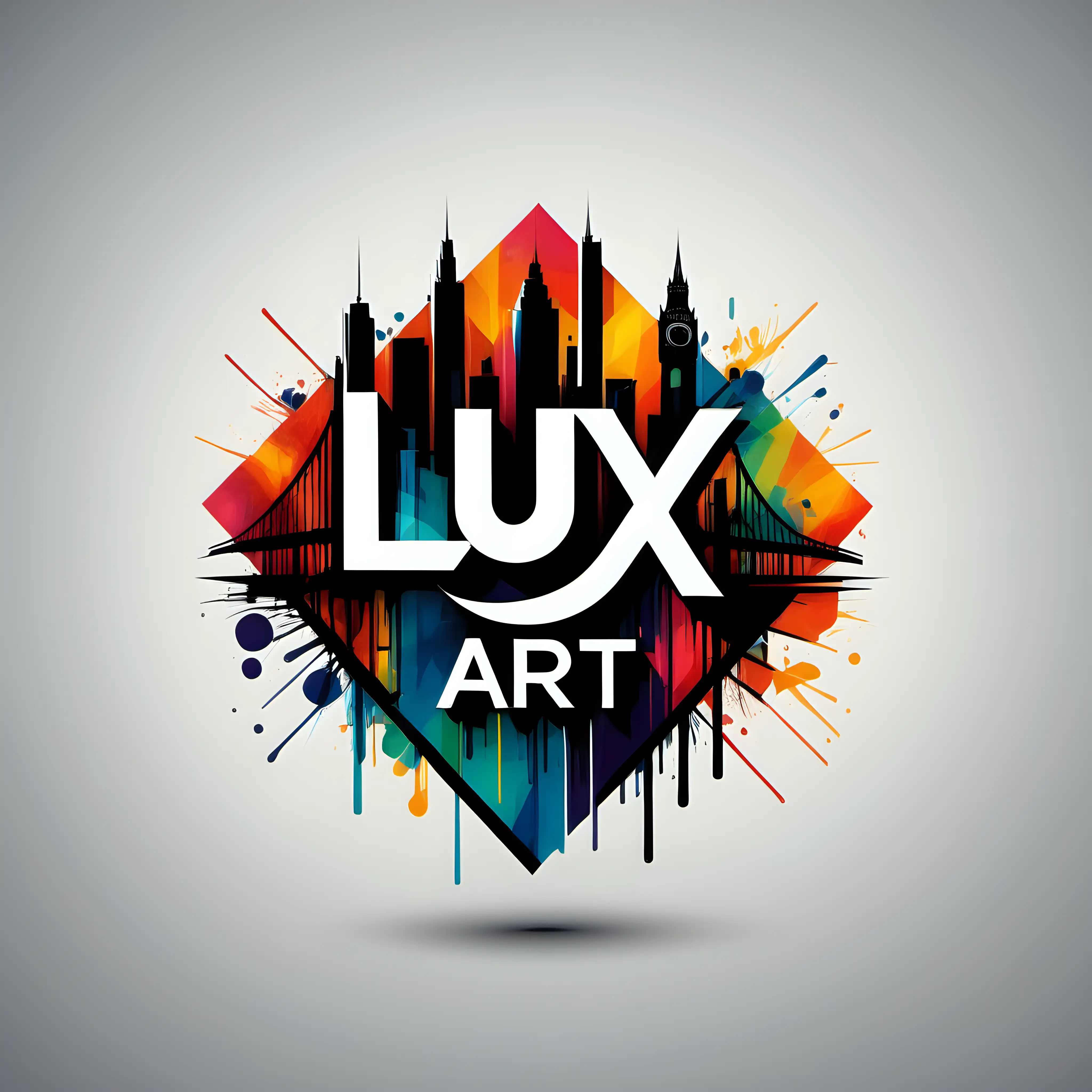 Craft an exquisite logo for Lux Art By RR, an urban contemporary Etsy store that caters to a wealthy and sophisticated clientele seeking stylish, modern art pieces. The design should embody simplicity, presenting a sleek and modern font that radiates elegance. Infuse the logo with a vibrant city feel, using a rich and colorful palette that mirrors the energy of a bustling metropolis. Integrate subtle urban elements to enhance the contemporary aesthetic. This logo, reminiscent of a high-end gallery, should be a visual masterpiece, turning heads with its blend of opulence and modernity. It's not just a logo; it's a statement piece, a perfect representation of the high-end, curated artworks that define the logo must contain Lux Art By RR. include high-end colours vibrant colourful. A logo that high-end Sydney will use. square outline. professional and sleek   straight on the logo. frontal view mimic the canvas  include sydney bridge Abstract! vibrant. Inspired by Jackson pollock the artist and banksy.  brush strokes abstract.

