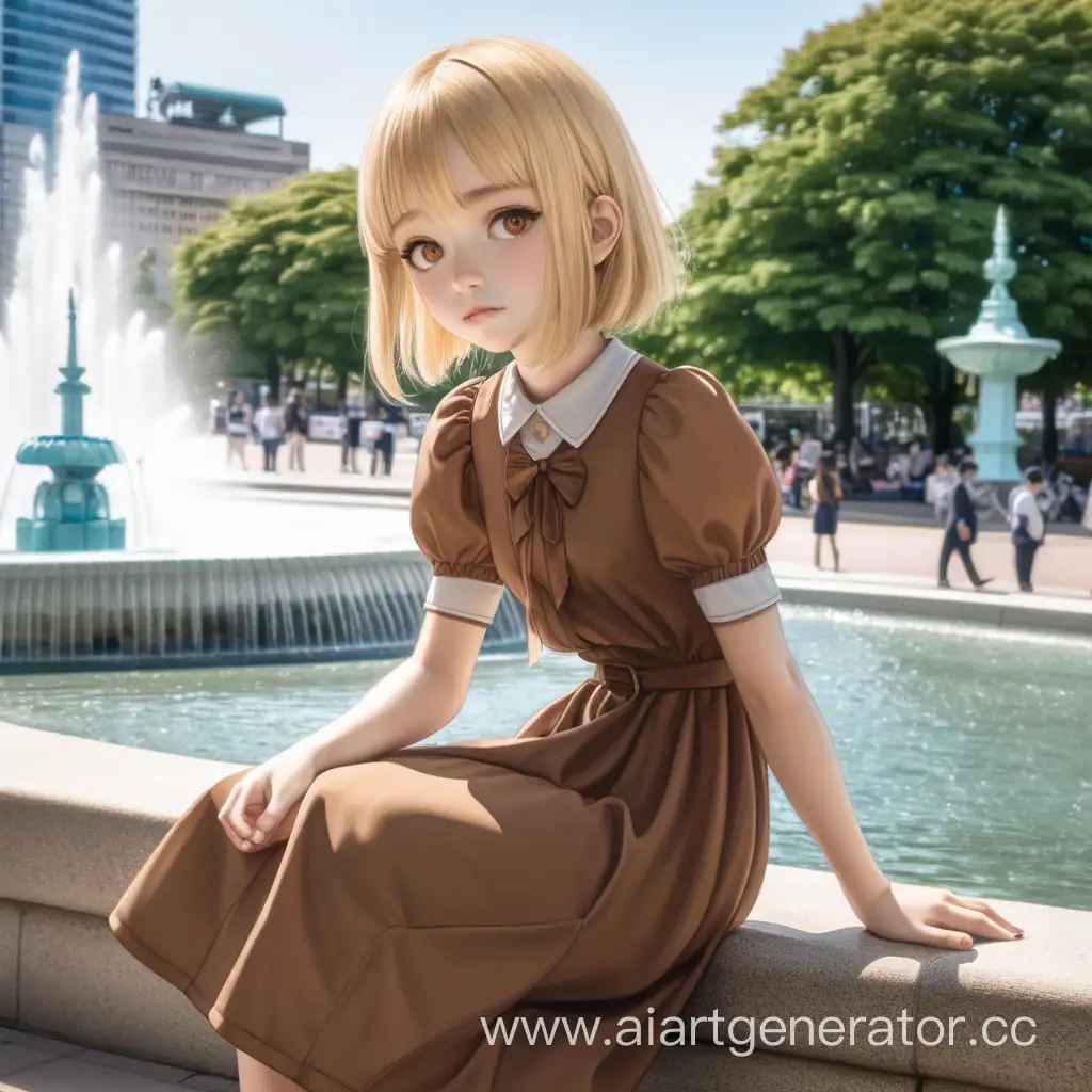 Blonde-Girl-in-Brown-Dress-by-Yokohama-Fountain