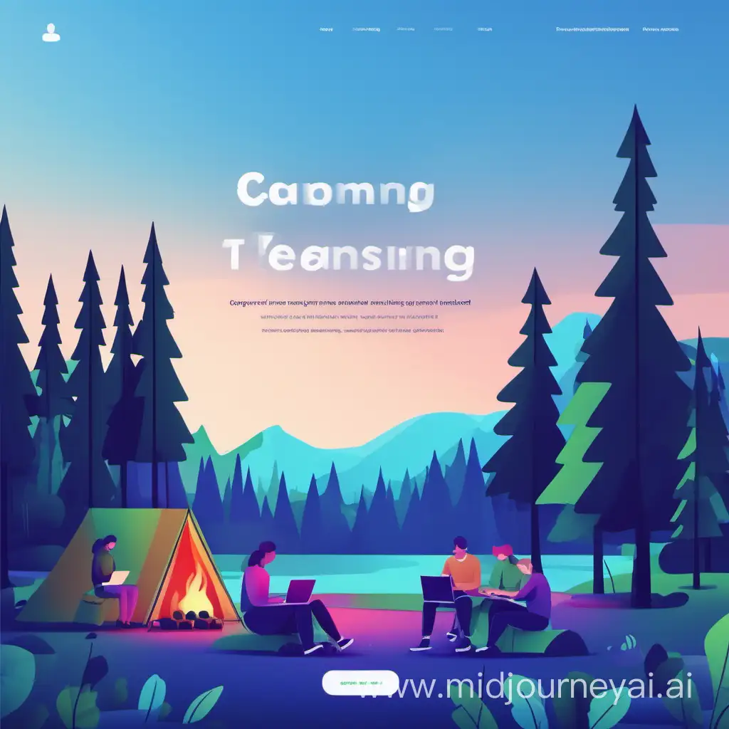 landing page animation of a team of employees working on laptops on a green coloured campsite around a fire. Similar style to the image submitted but no text and different shades of green