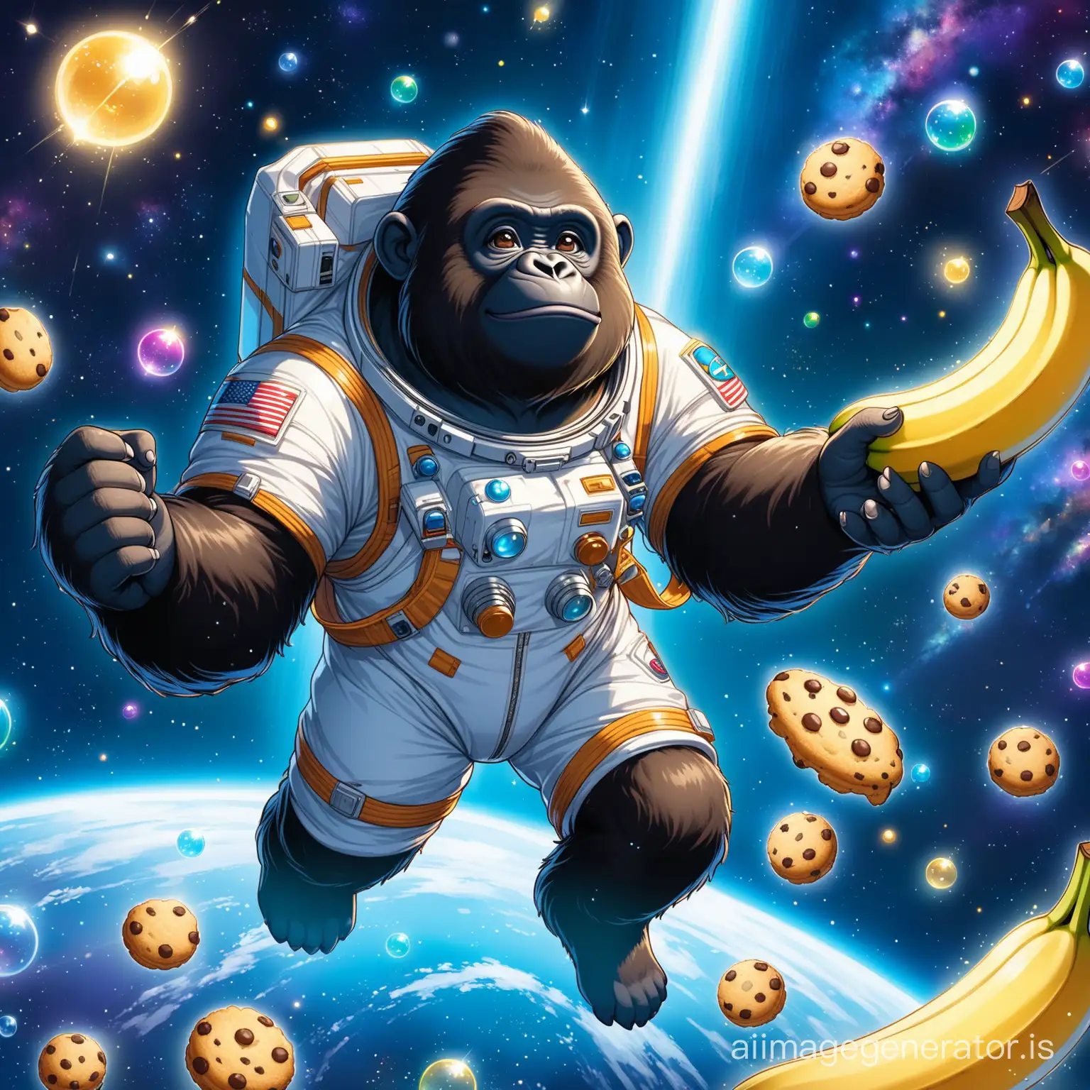 A happy gorila have a banana in hands in space
Gorila have Spacesuit
Bubbles and small cookies are scattered in the space
Details and lighting can be seen with great precision and it is impressive