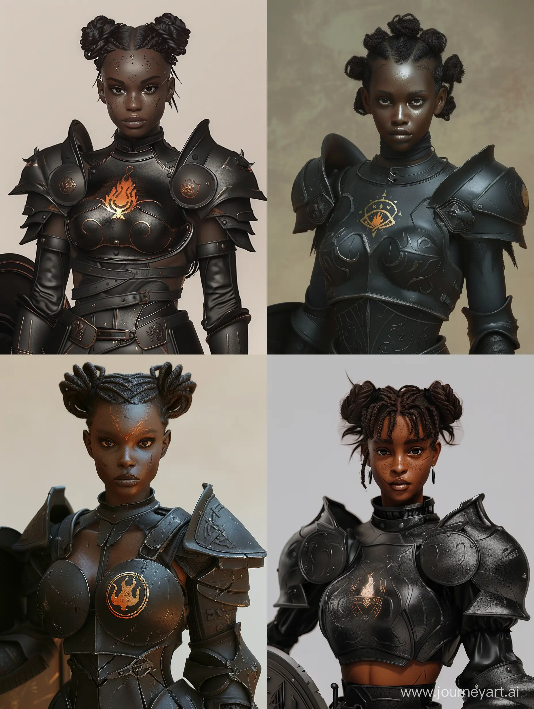 A realistic depiction of a human female with dark brown skin, short dark brown hair in bantu knots, and black eyes and black sclera. She wears black knight's armor that has the symbol of fire engraved on the chest piece. Carries shield. full body. ultra realistic. 