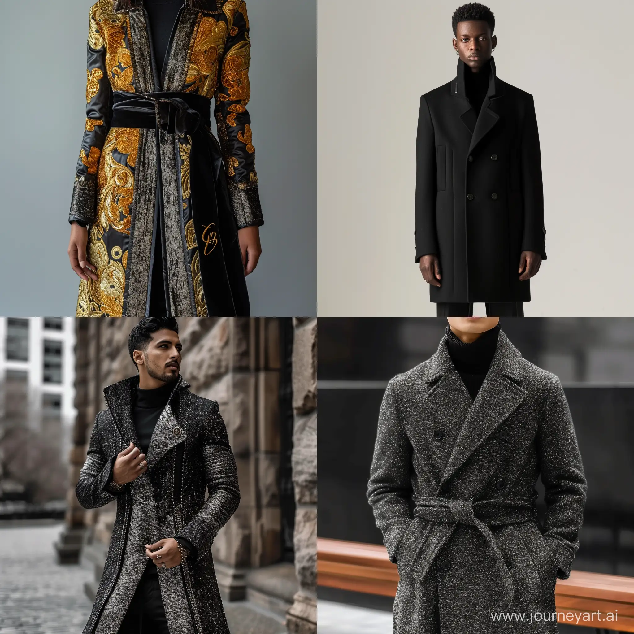 Make an luxurious coat with a modern and new design with a visible brand with the name elysian coats