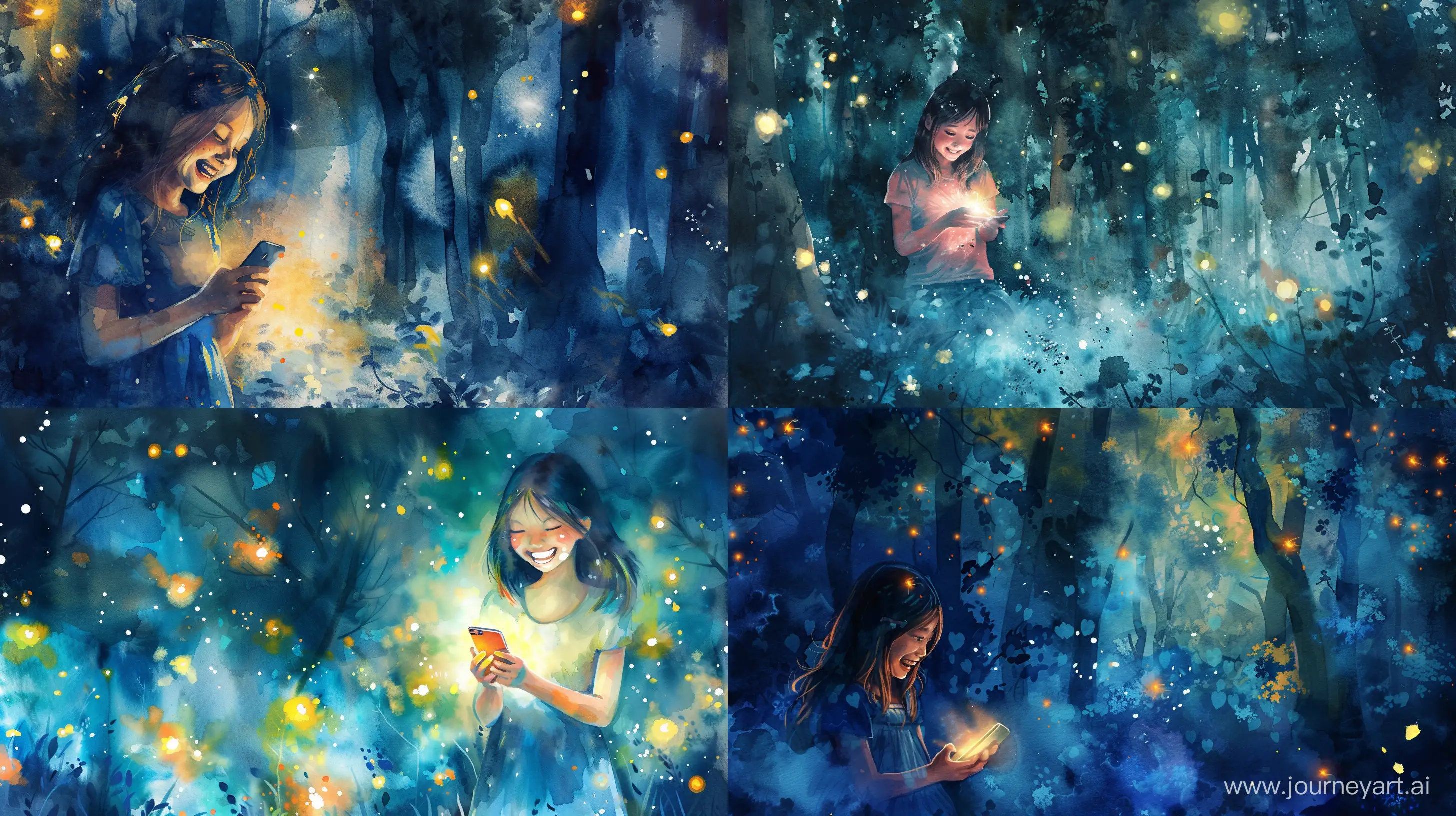 A delighted girl, absorbed in her mobile phone's glow, laughter resonating in a magical forest at night, cinematic lighting accentuating the mystique, fireflies dancing around, creating an enchanting and whimsical atmosphere, Artwork, watercolor painting, --ar 16:9 --v 6