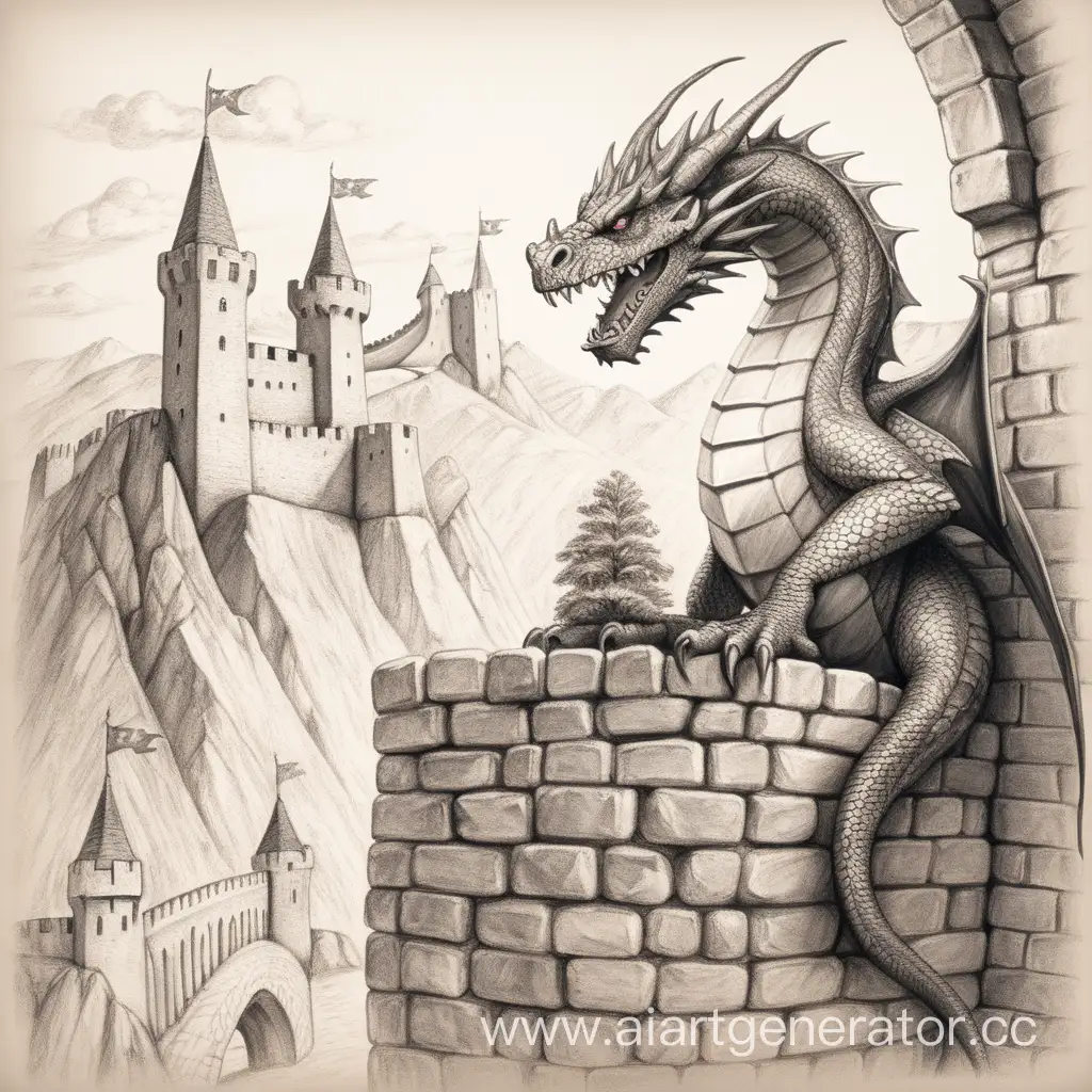 make a pencil sketch where a fortress is drawn and a dragon is sitting on one wall