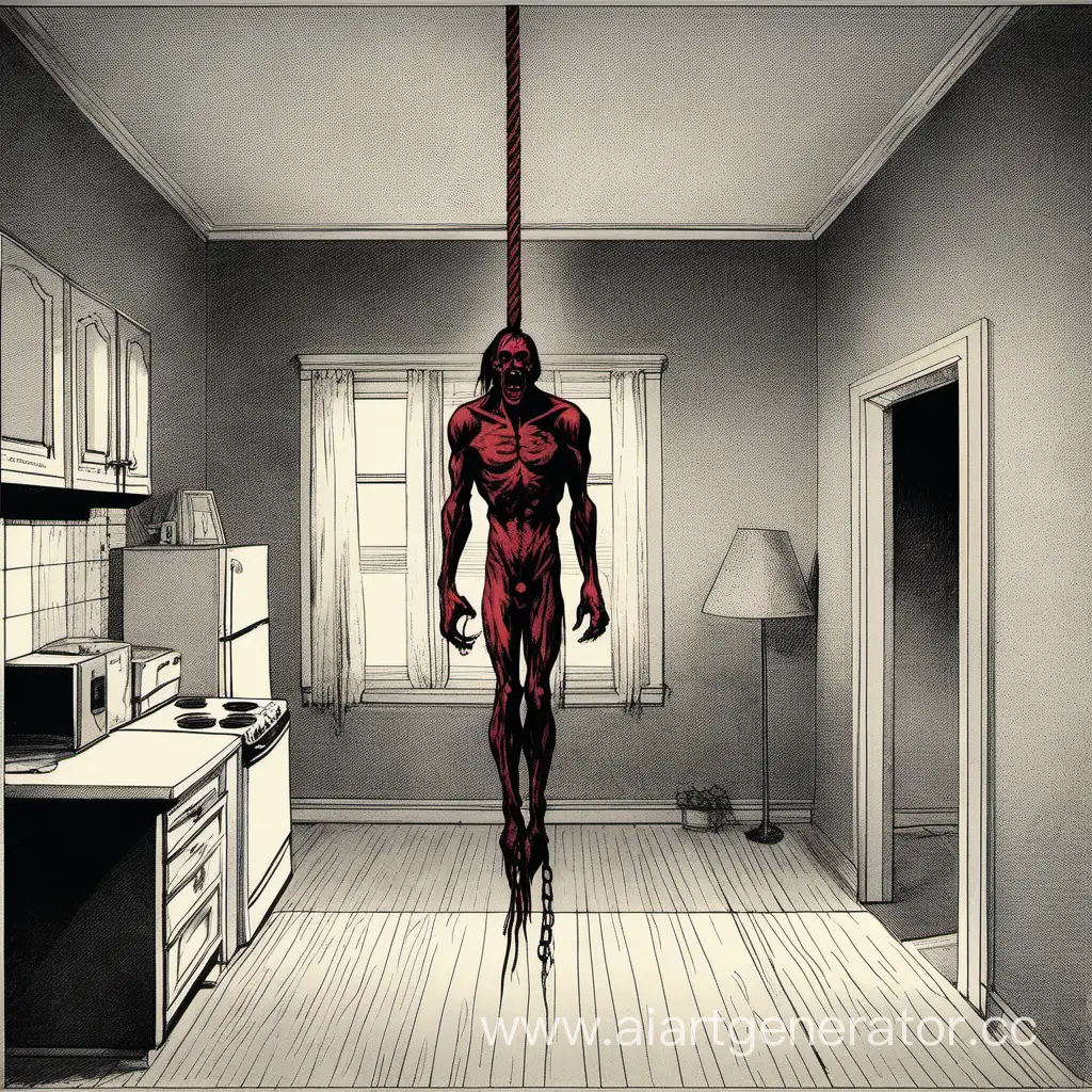 Satan's corpse is hung on a rope in the apartament
