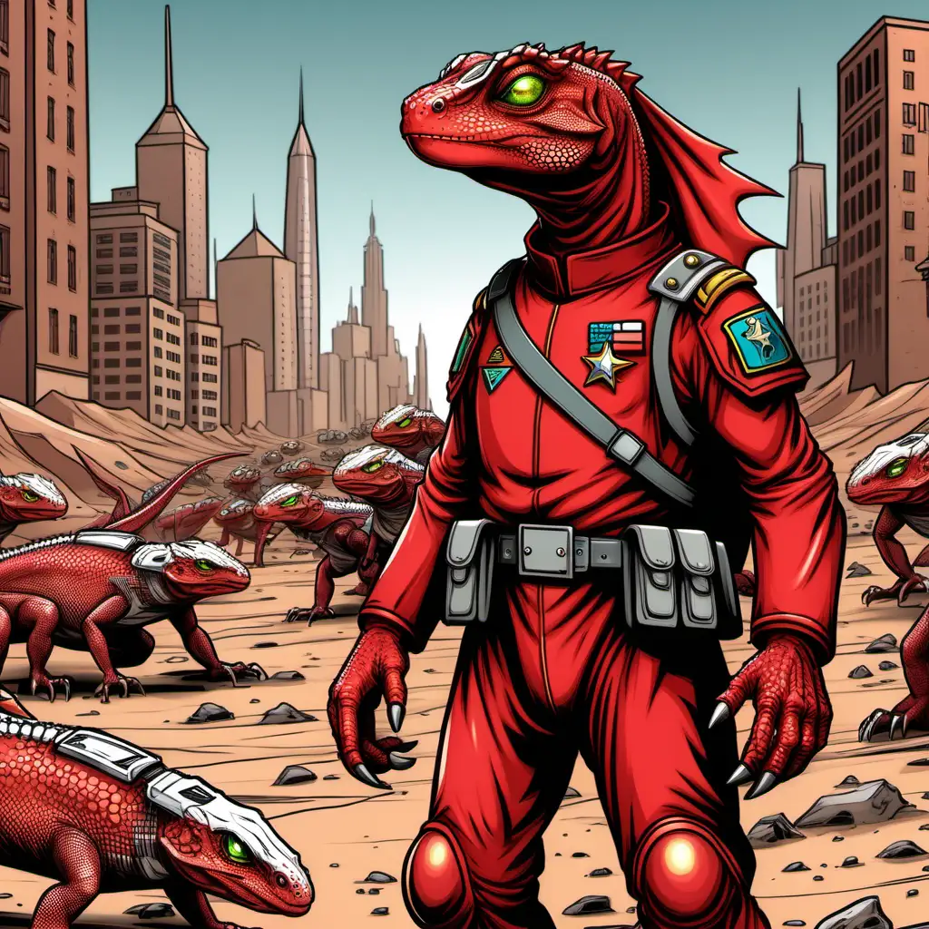 General Tundraiz, a Red Lizard humanoid army general in a city, in a red planet scenario (cartoon)