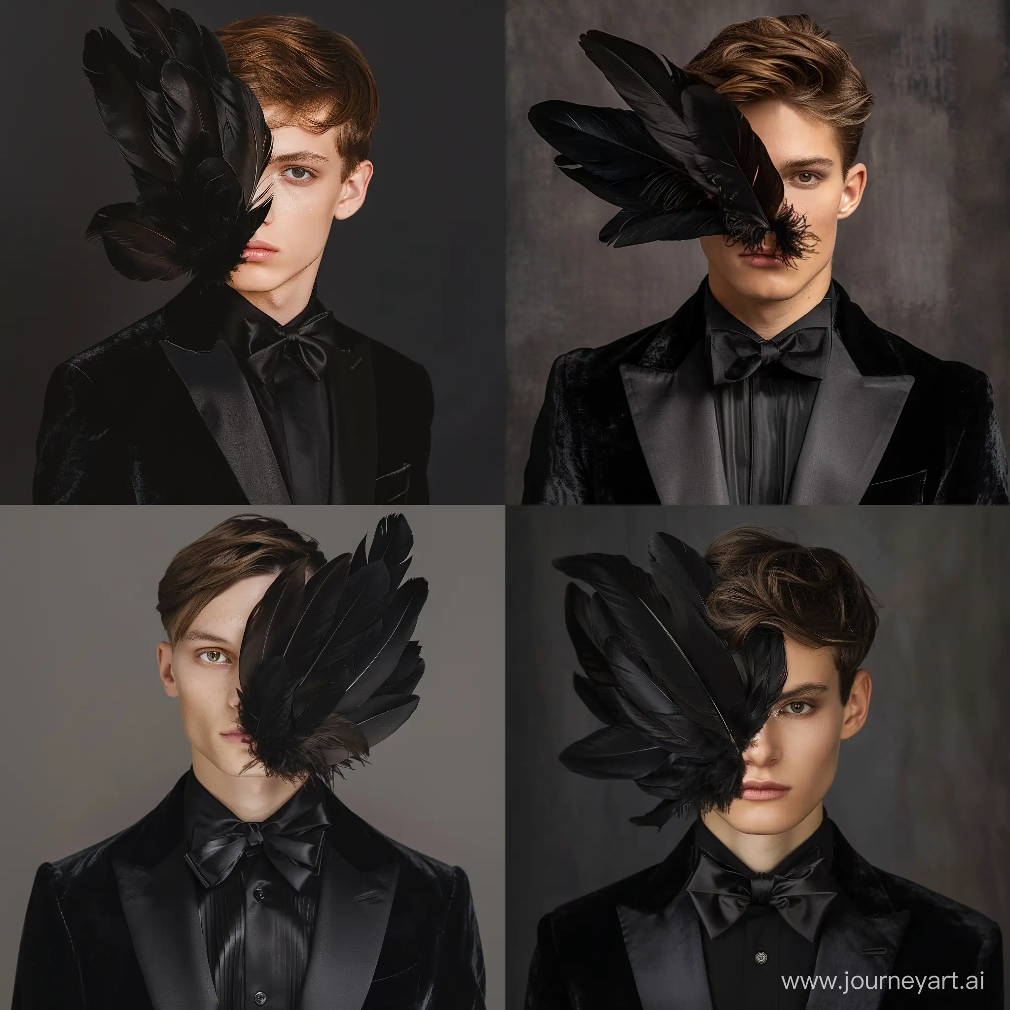 Subject: A 20-year-old man Hair: Brown, short haircut Ethnicity: European Attire: Velvet black tuxedo, black satin shirt Facial Obstruction: Half of his face is covered by large black feathers Pose: Foreground placement Style: Fashion glamor, reminiscent of old Hollywood, with a retro chic aesthetic