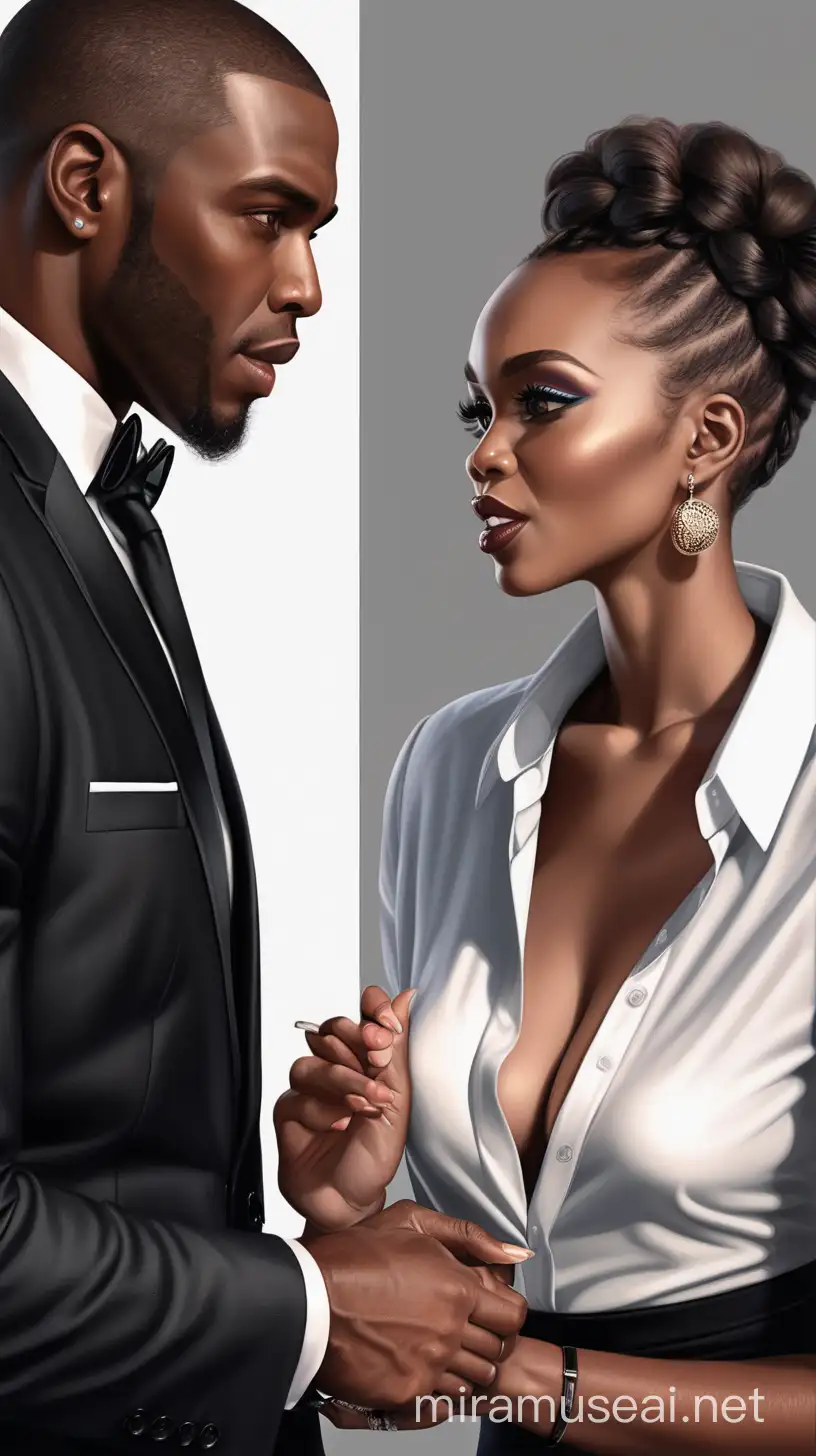 Realistic beautiful Black man and woman talking, boss, glam