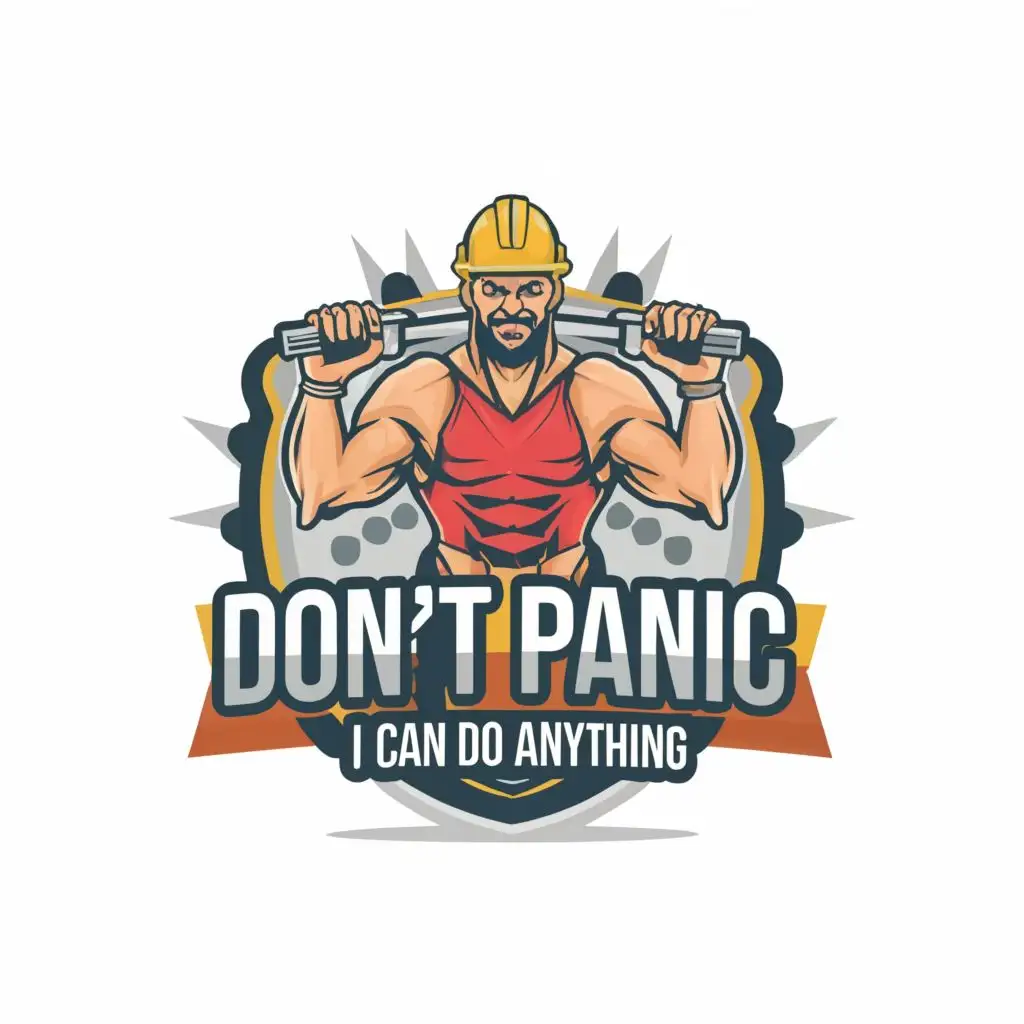 logo, An abstract character is a strongman builder, with the text "Don't panic - I can do anything", typography, be used in Entertainment industry