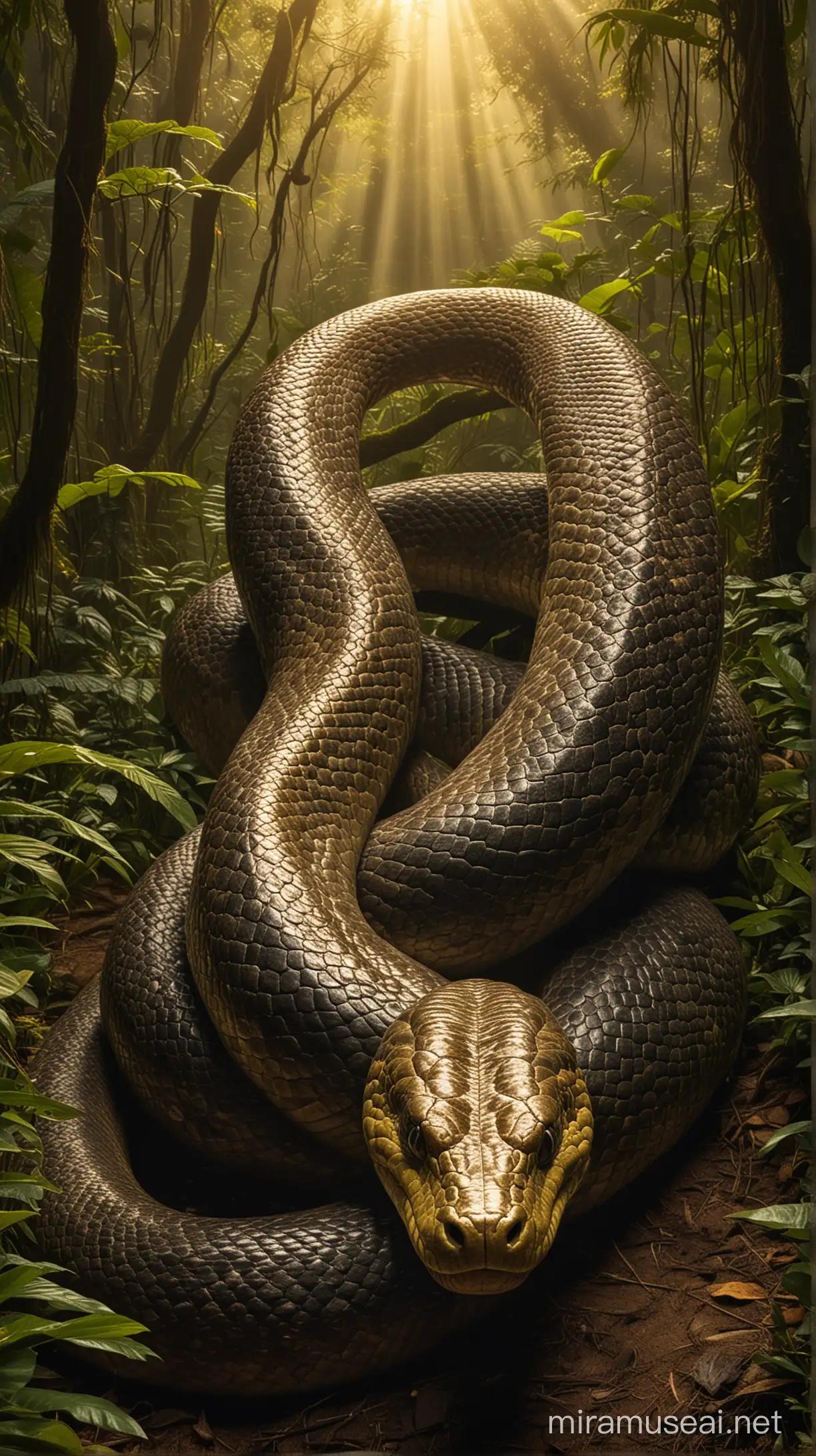 An imposing (((giant snake))), called Titanoboa, with scales that reflect the sun's (((golden light))), coiled around a (((dense rainforest)), signifying power and scale unmatched by any other reptile on earth