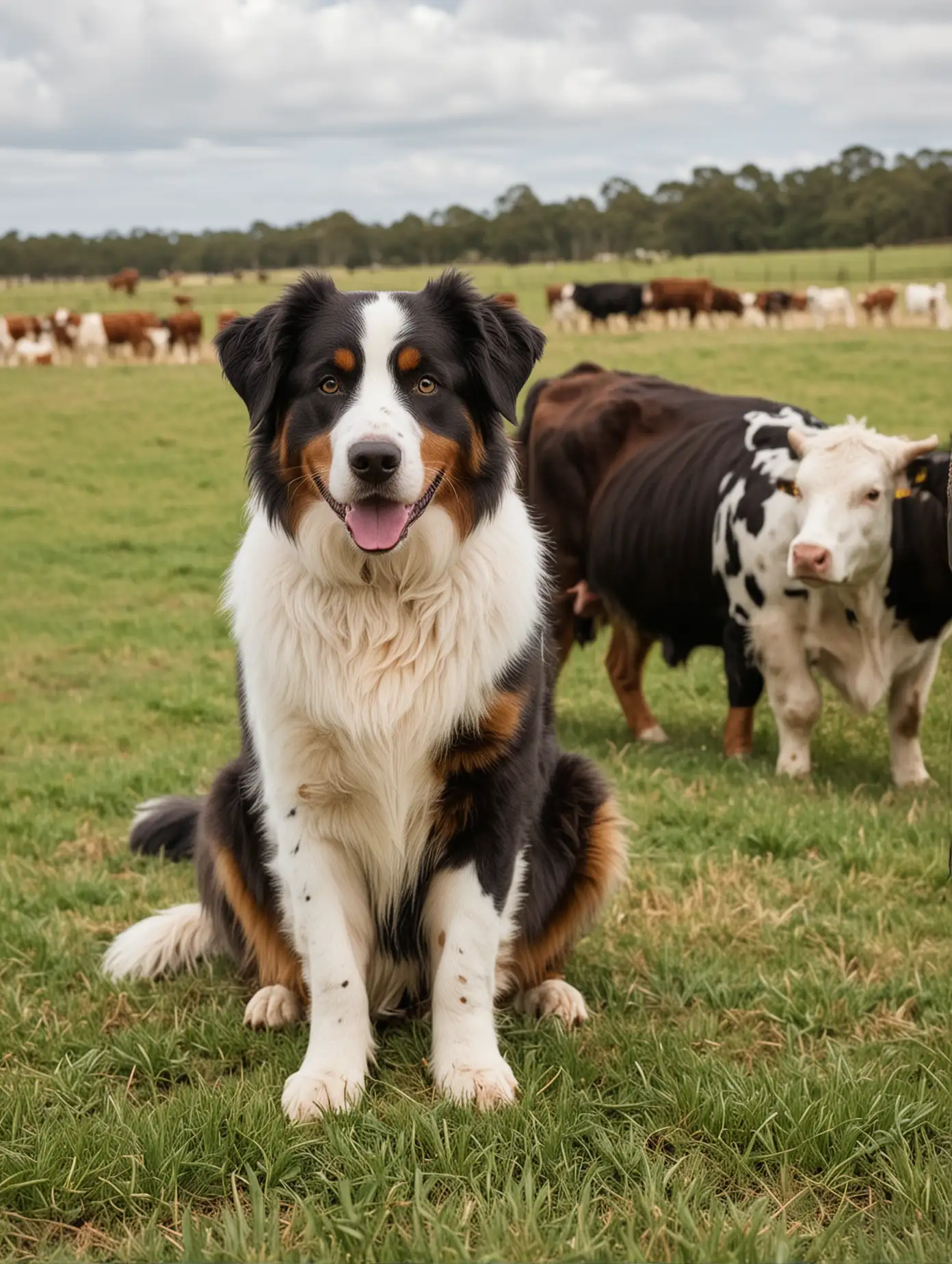 Australian Shepherd dogs sitting in a pasture with Angus cattle in the back ground
