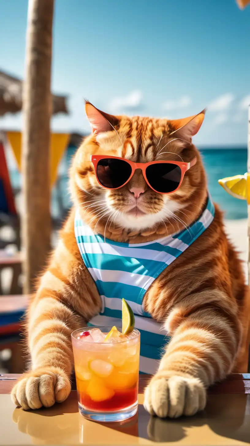 Chill Cat in Beachwear Enjoying a Cocktail at the Seaside Bar