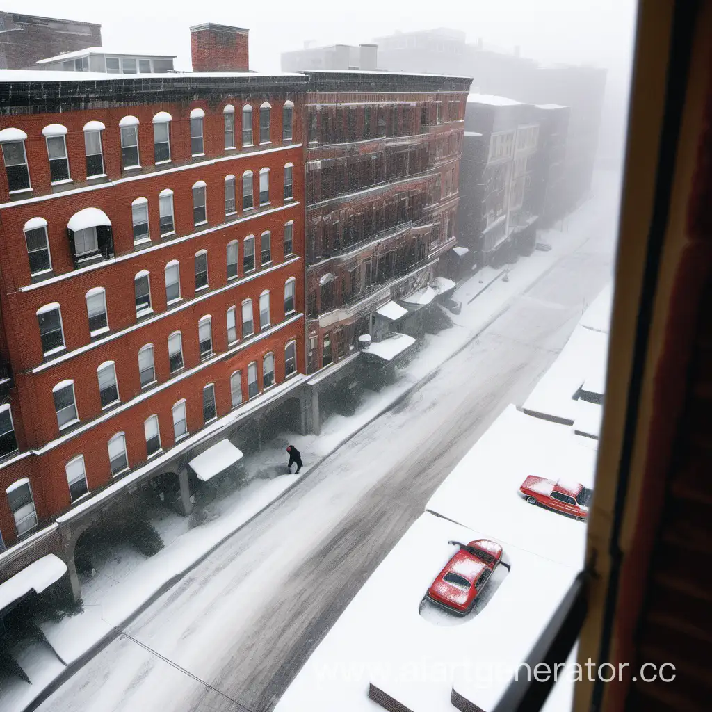 Urban-Snowfall-Scene-Man-Peering-Through-Window-with-Red-Brick-Building-in-Background
