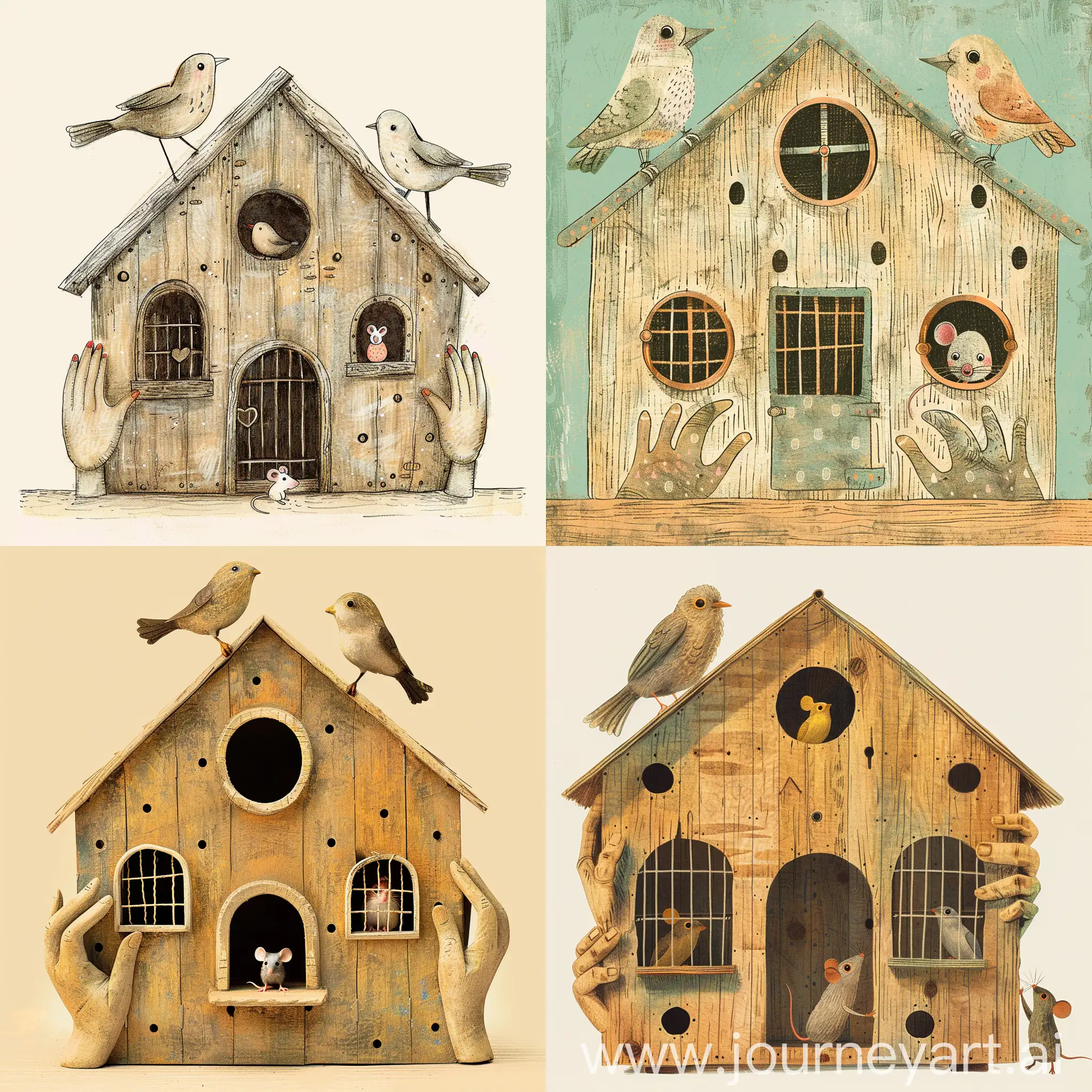 House shaped birdcage made of wood with hands, windows and holes, ２ birds peeking out of the holes, small mouse standing outside (focus), simple image pattern, vintage mouse. Hand drawn, Easter colors, abstract, cheerful, whimsical, funny, children's storybook style