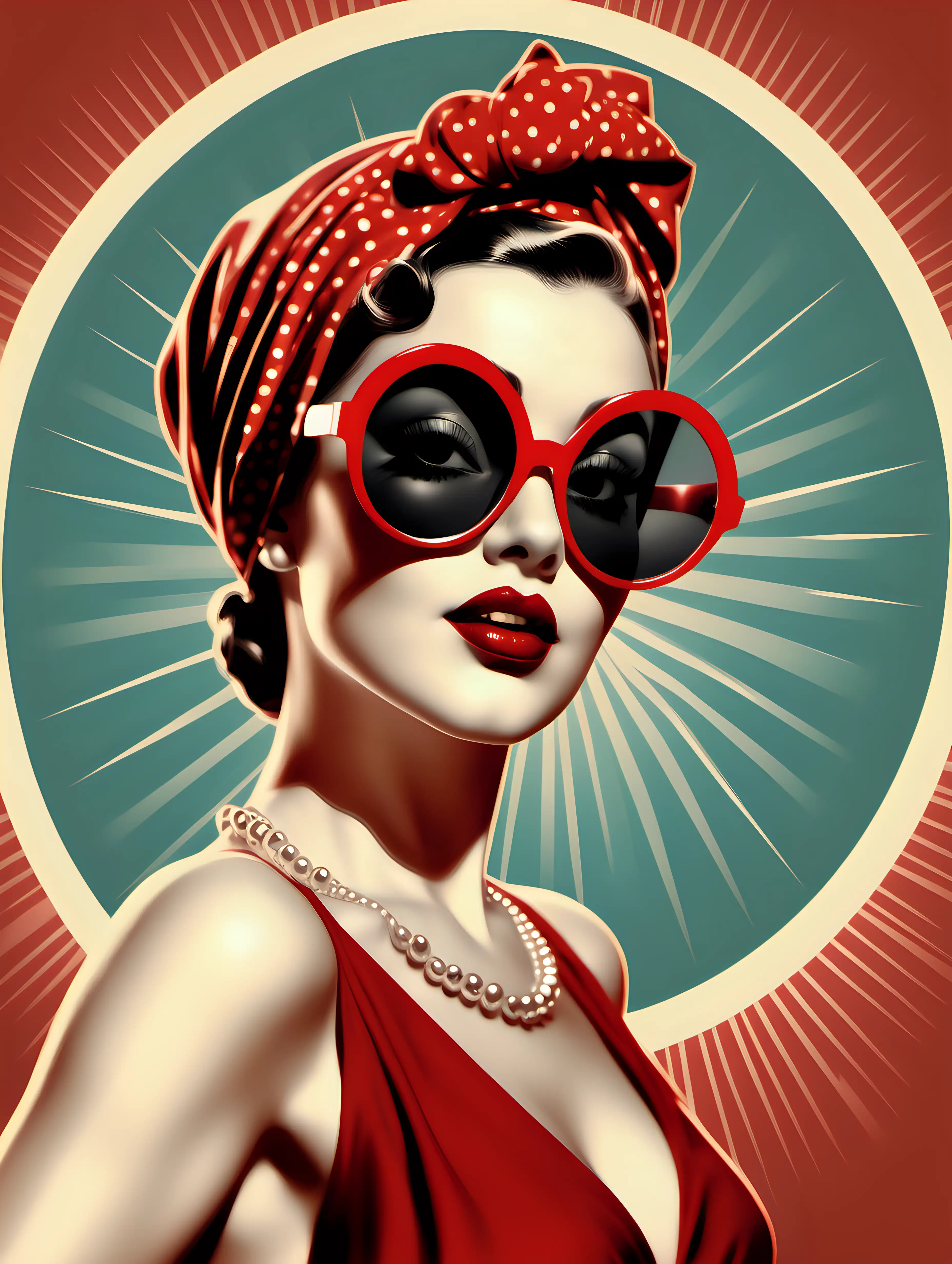 Woman with flare, in a sassy pose, red glossy lips, big dark sunglasses and a head scarf Hollywood style. Hollywood Pinup style of the 1920's. vintage. no arms no hands. circle of light behind the womans head. Realistic illustration