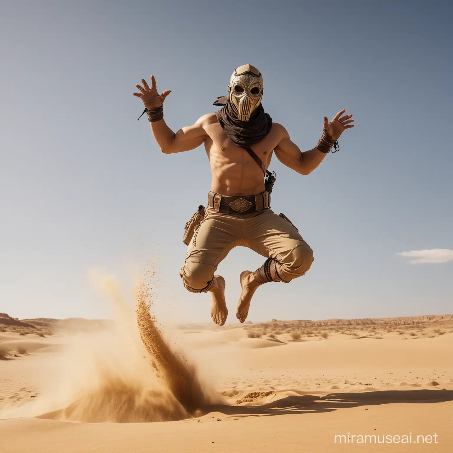 mutant warrior in a mask jumping out from under the sand in the air in a desert