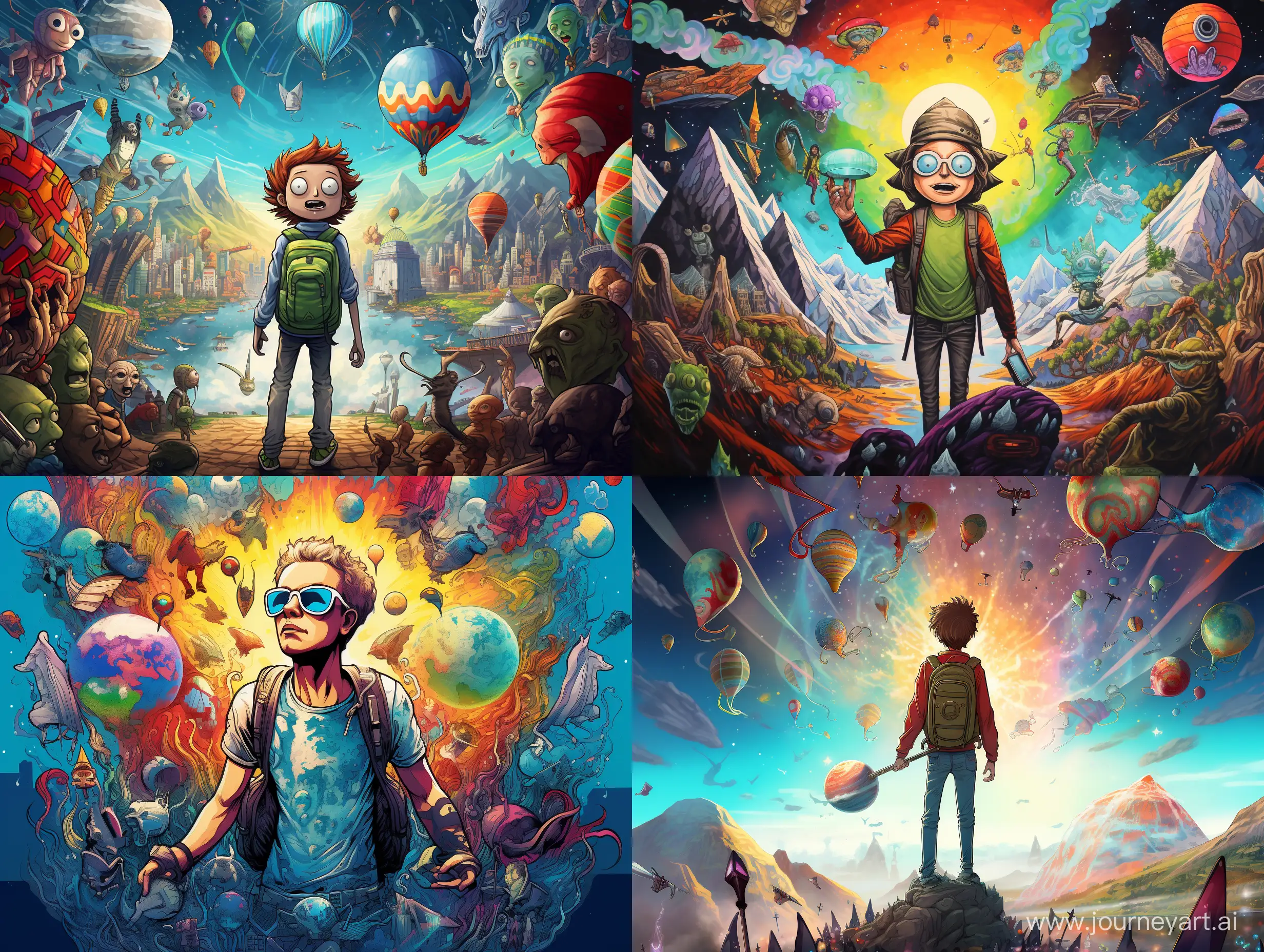 The image depicts a traveler in the style of Rick and Morty, standing against the backdrop of various countries. The traveler is portrayed in full height, giving prominence to their presence. The scene is captured in a photograph, exhibiting exceptional clarity and detail. The traveler's appearance is resplendent, exuding a sense of adventure and curiosity. Vibrant colors and intricate designs adorn their clothing, reflecting the flamboyant and eccentric nature of the show. The breathtaking scenery, showcased through expert composition and use of an aspect ratio of 9:16, transports viewers into a mesmerizing world of exploration and wonders.