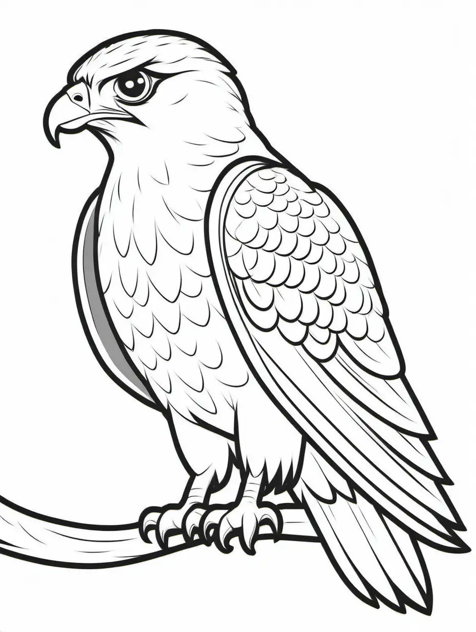 simple cute Falcon
coloring page
line art
black and white
white background
no shadow or highlights