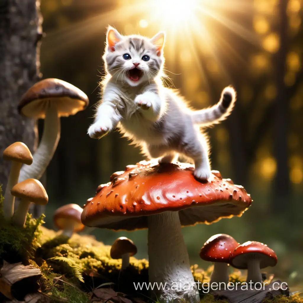 Joyful-Kitty-Leaping-Over-Mushroom-in-Sunlight