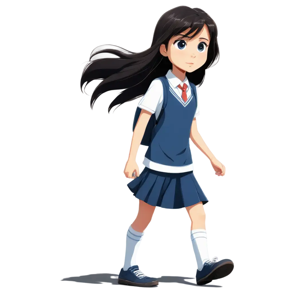 cartoon drawing: A  beautiful little girl with white skin, big hazel ejes and black hair. She is around 13 years old.  She is wearing a school uniform with white shirt and blue skirt  and white shoes. Show her walking away with fear.