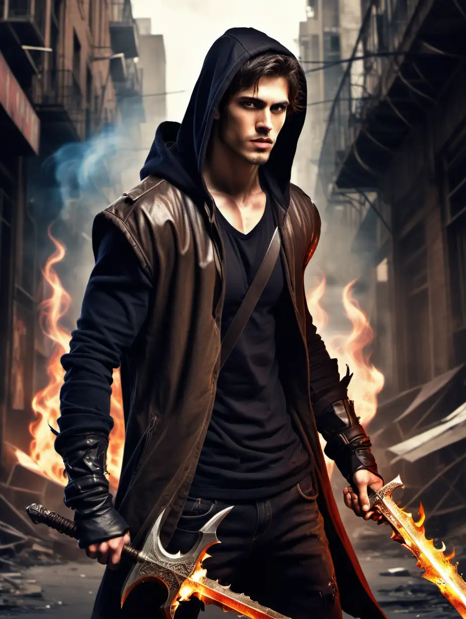 A fire mage, wielding flames,slim, but slightly muscly male, tall, dark brown hair, strong jaw, light hazel eyes, handsome young, hoodie, bullet proof vest, standing in a post apocalyptic city, holding one flaming excalibur sword, flames around him. 