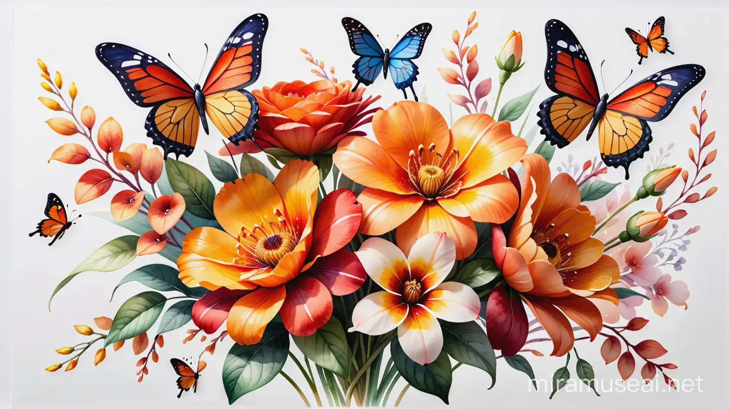 A stunning, vibrant 3D render of a watercolor-style painting featuring a beautiful bouquet of mixed orange, yellow, and red flowers. The flowers are intricately detailed, with each petal capturing the essence of the colors. Delicate butterflies with translucent wings are perched upon the flowers, adding a touch of realism to the scene. The entire painting sits on a crisp white background, highlighting the rich colors and the skillful blending of the watercolor technique., 3d render
