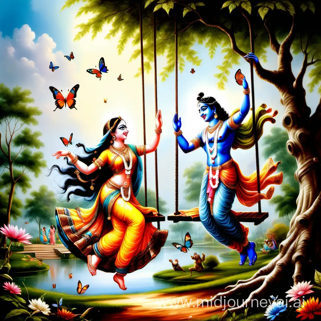 Picture Radha and Krishna engaging in playful activities like chasing butterflies, playing with animals, or swinging on a tree swing. Think of innocent moments that highlight their friendship and love.