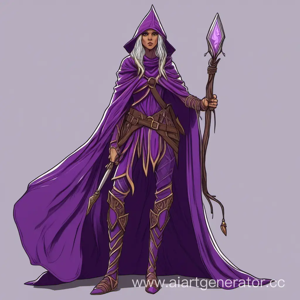 Эльфийка ведьма воин в фиолетовой мантии