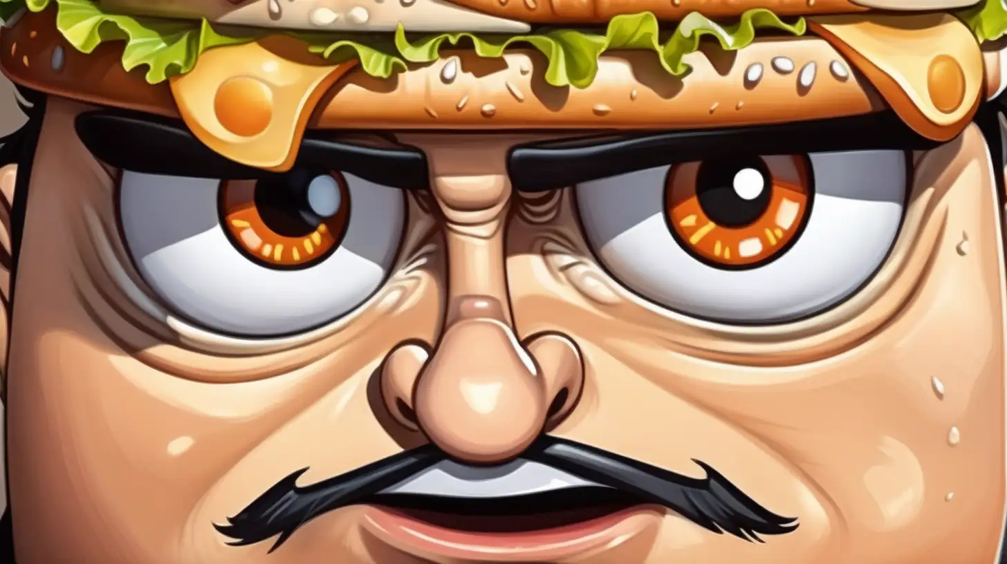 hamburger cartoon . Close up of his eyes, competitive look
