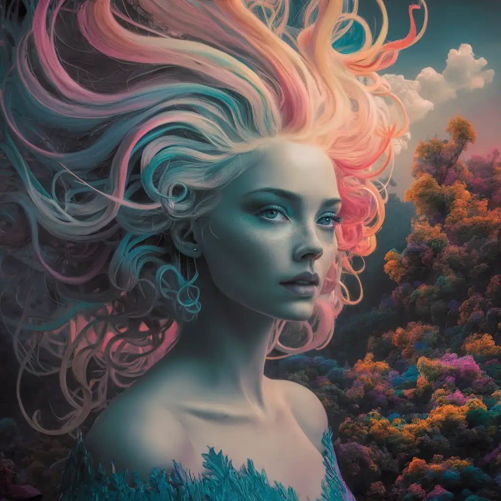 Beautiful Woman with Extraordinary Hair in CyberColored Nature Scene