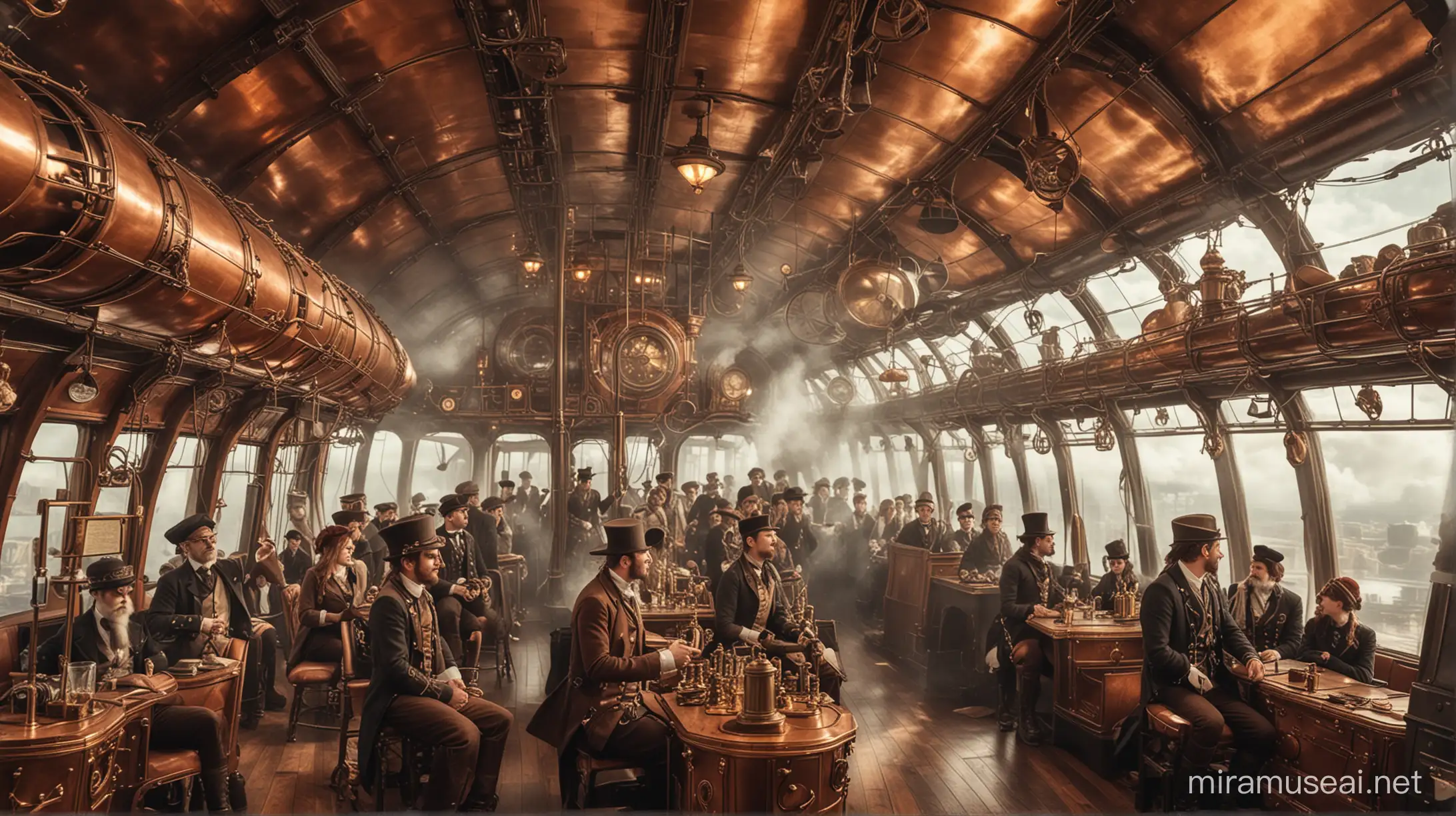 Steampunk Airship Interior with Passengers in Uniforms