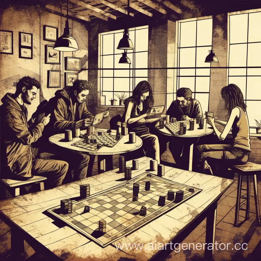 Group-of-People-Enjoying-Board-Games-in-a-Grunge-Loft-Cafe