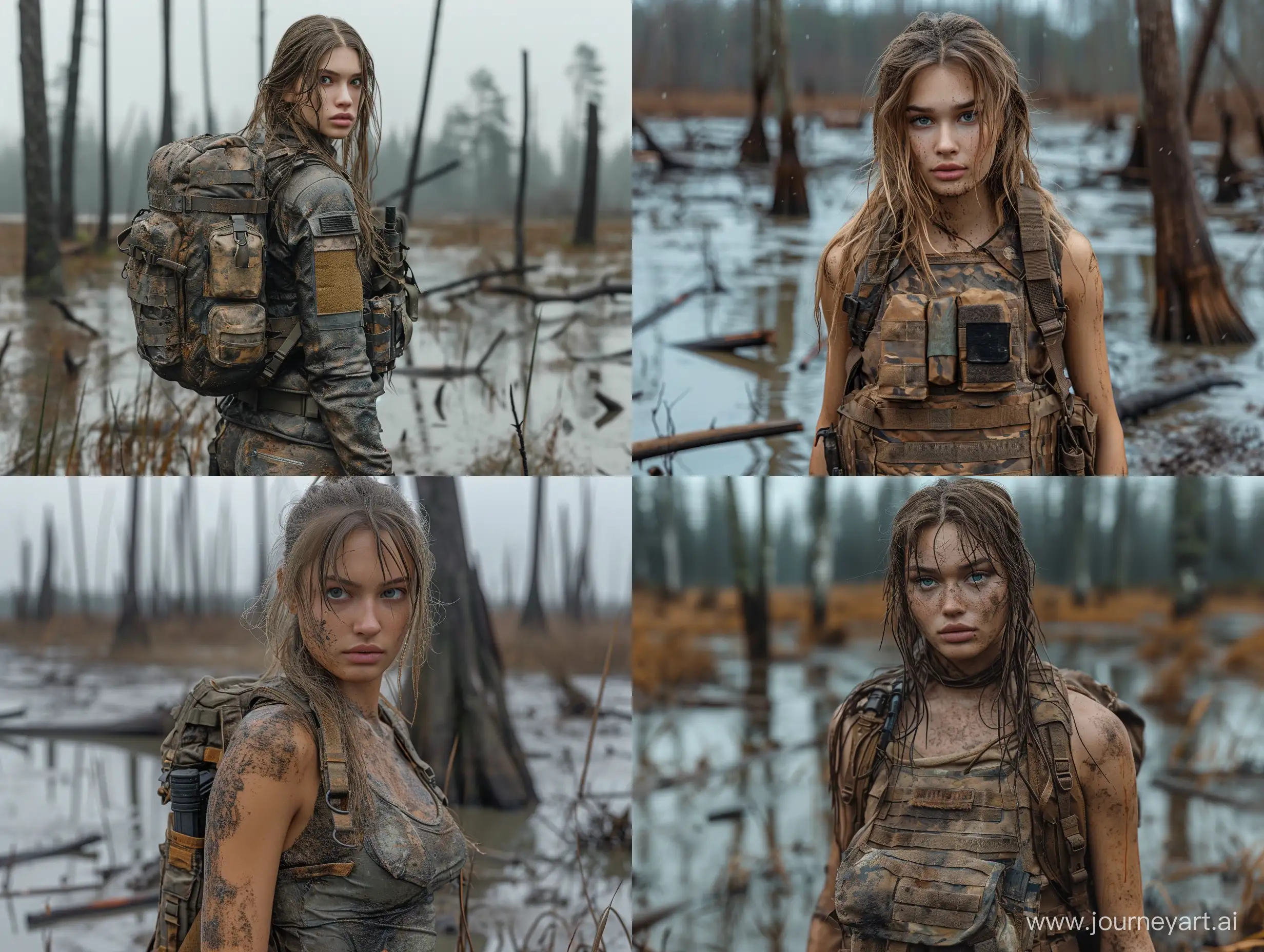 realistic beautiful вфкл dirty skin female bandit in S.T.A.L.K.E.R  in darkcamo plate carrier tactical equipment dark swamp dead trees --s 999 --style raw --v 6