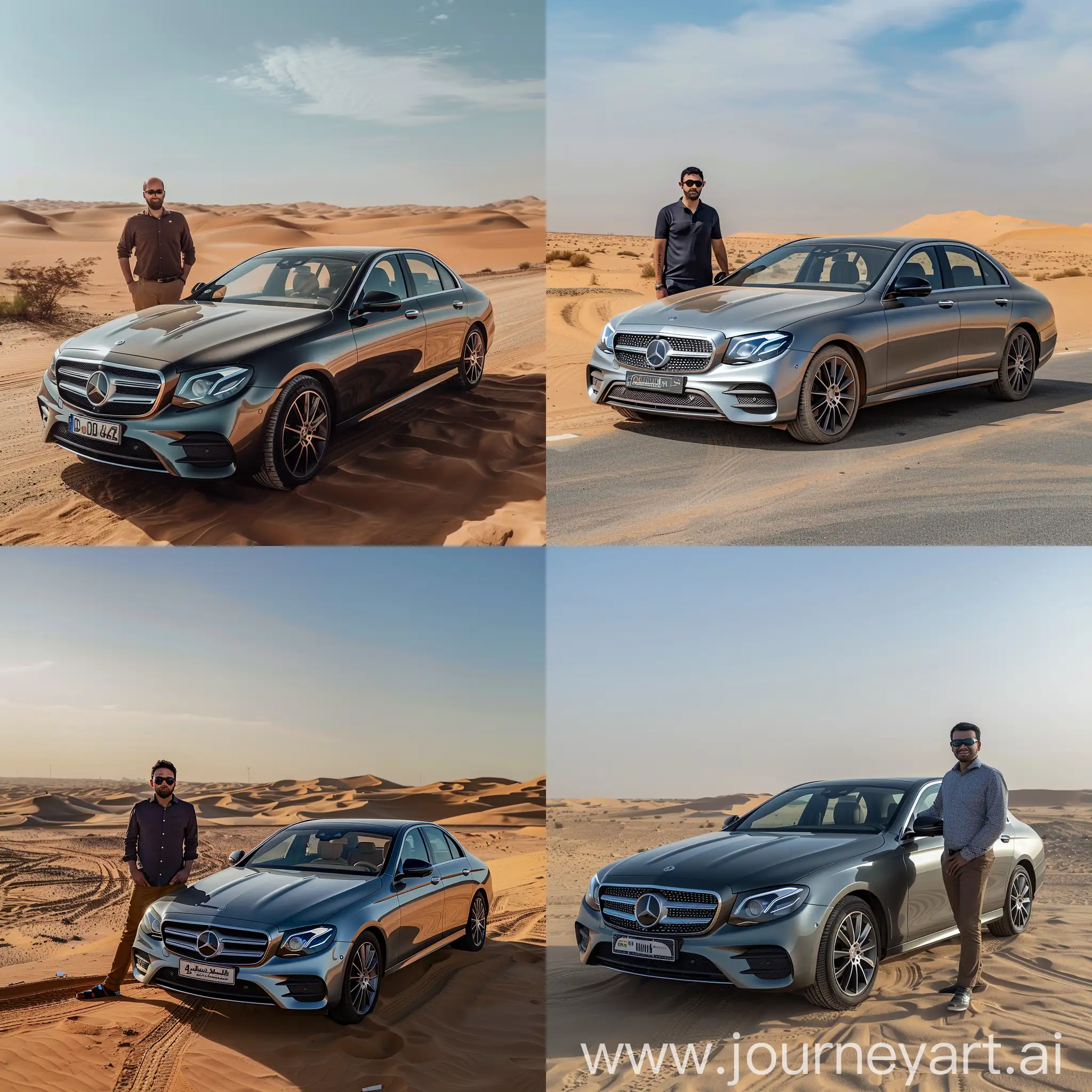 Man-Standing-Next-to-Mercedes-EClass-in-Desert-near-Dubai