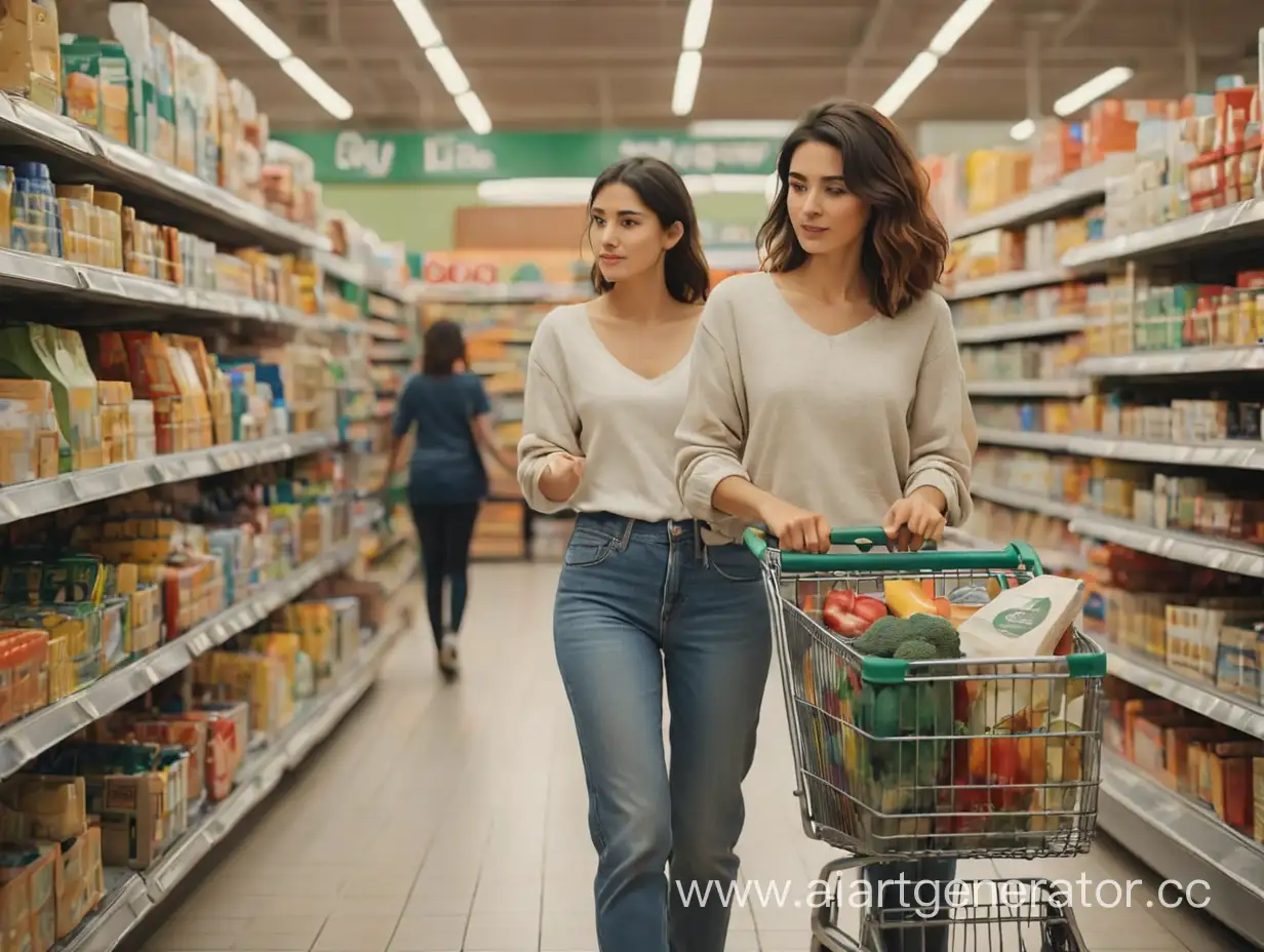Женщина идёт с тележкой в супермаркете и по списку в блокноте выбирает продукты, которые ей нужня