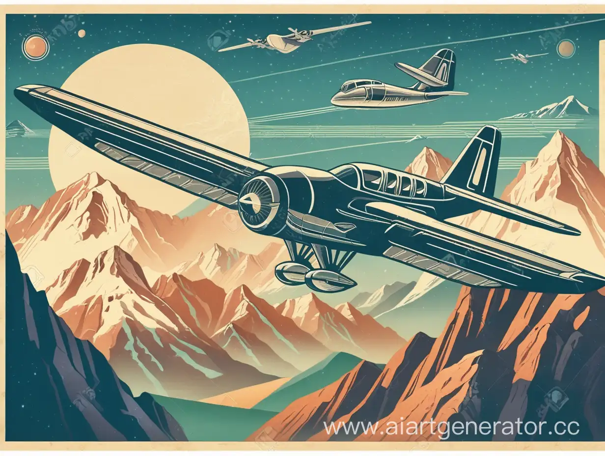плакат в стиле ретро футуризма летящий самолет в горах