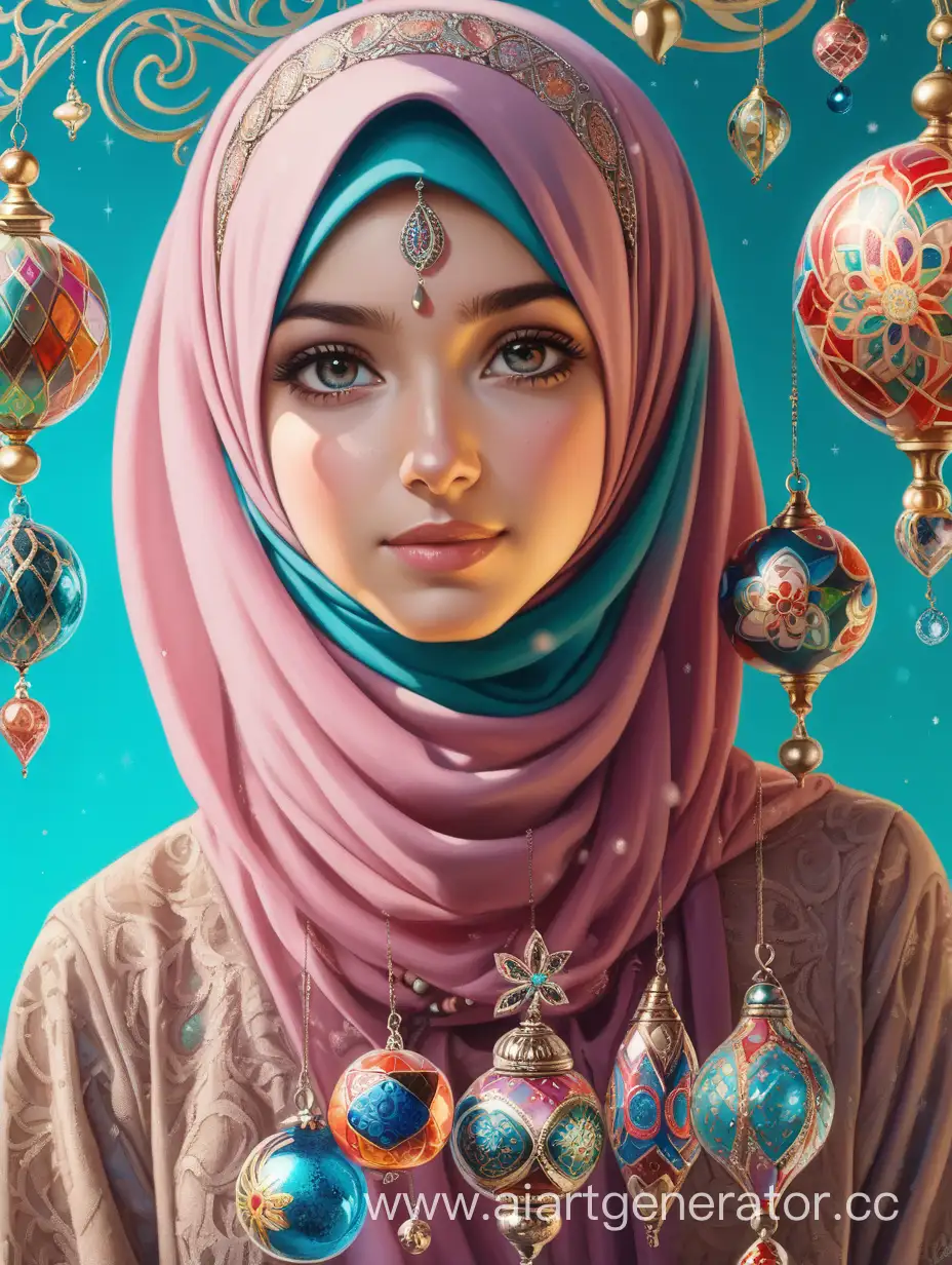 Девушка в хиджабе, множество украшений на ней, яркий фон сзади
