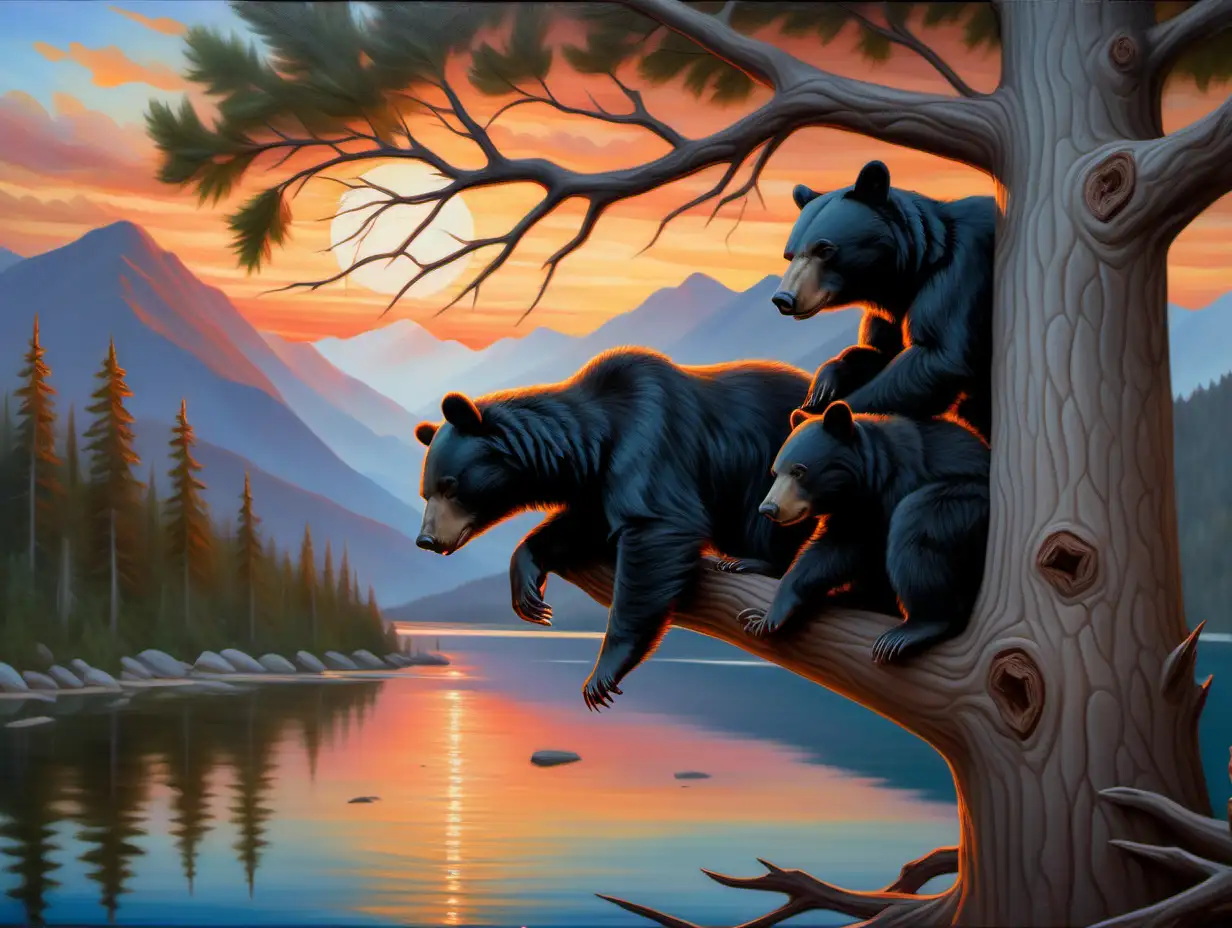  oil painting, black bear and cubs sleeping in tree, sunset, forest, lake in background
