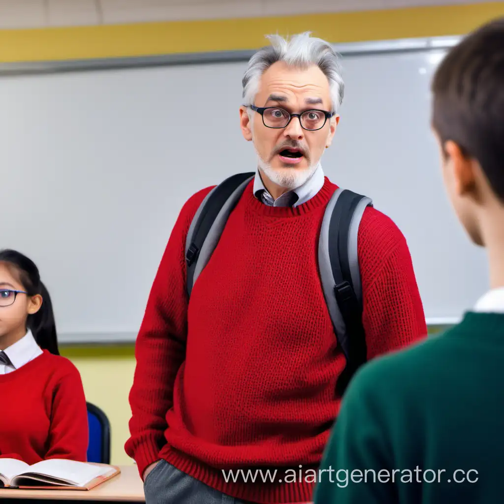 мужчина,учитель в красном свитере, с седыми волосами завязанными в хвост, с рюкзаком, с очками, очень эмоционально объясняет ученикам тему