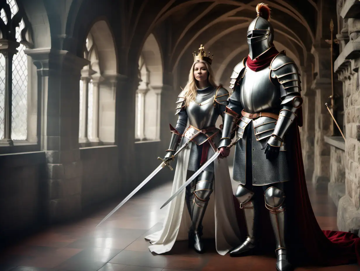Medieval King and Queen in Castle Chamber with Armed Knights