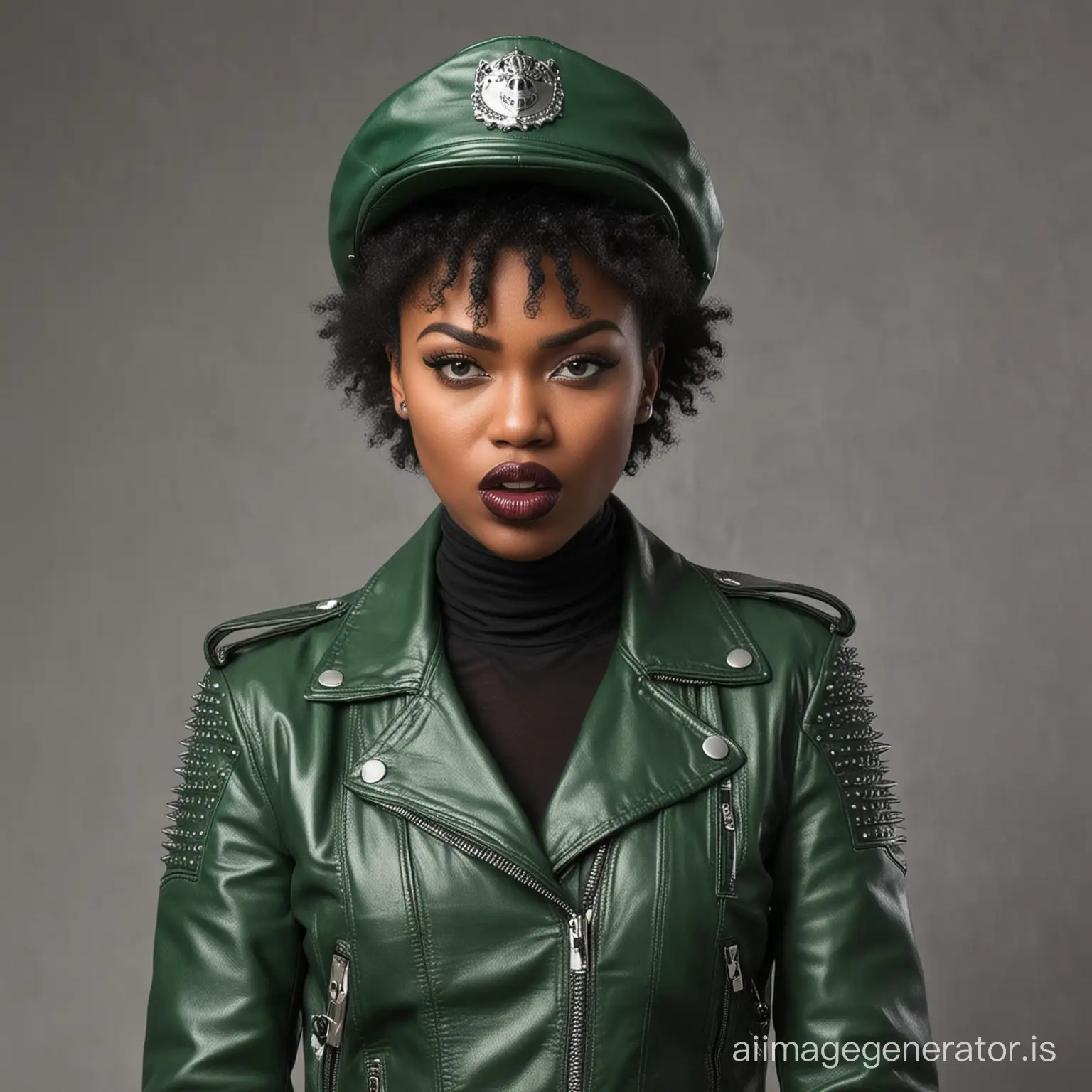 angry punk black woman in green leather gloves, spiked green motorcycle jacket. and green lipstick, leather masters cap