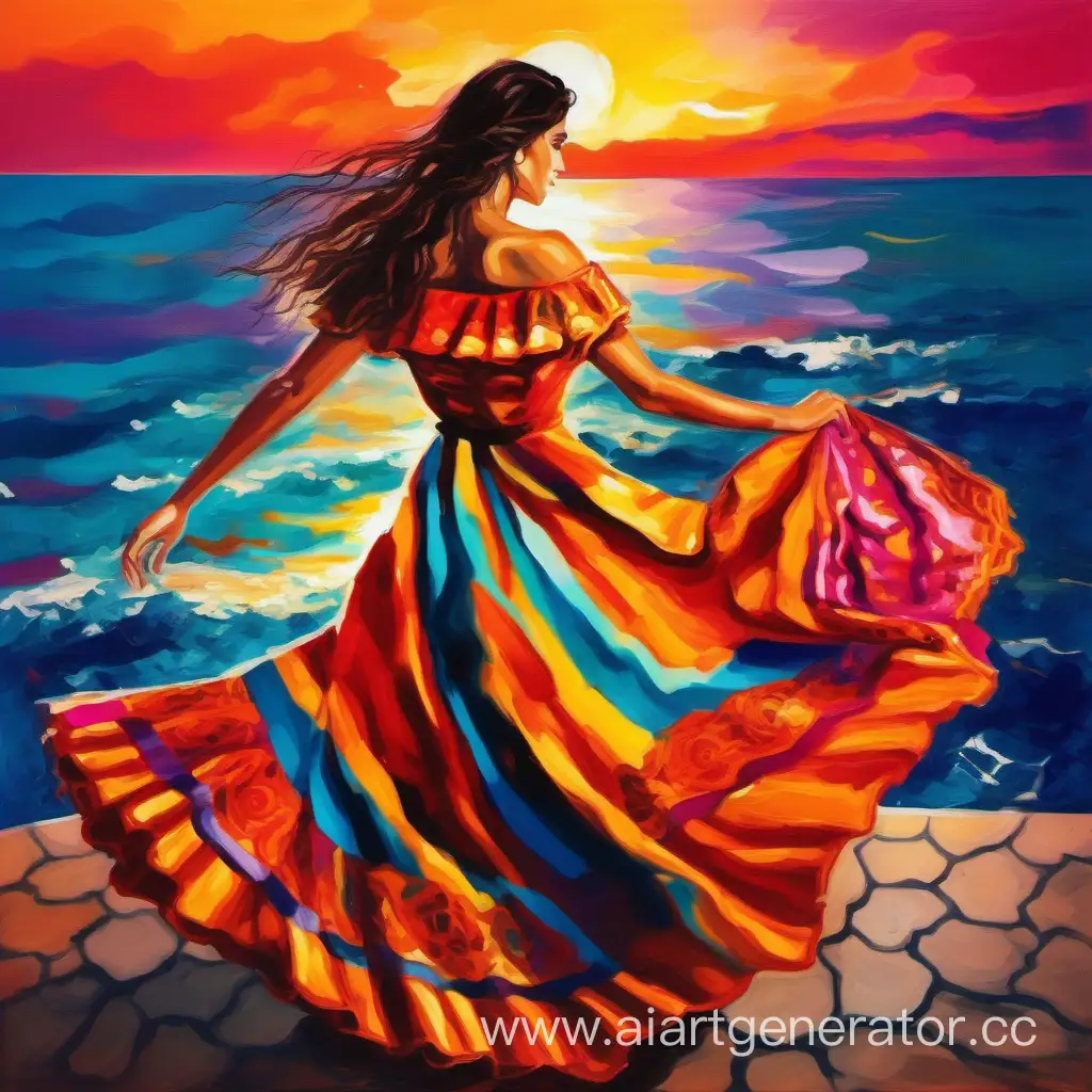 женщина испанка в красивом платье, красивый закат на море, яркие краски, живопись, палитра цвета