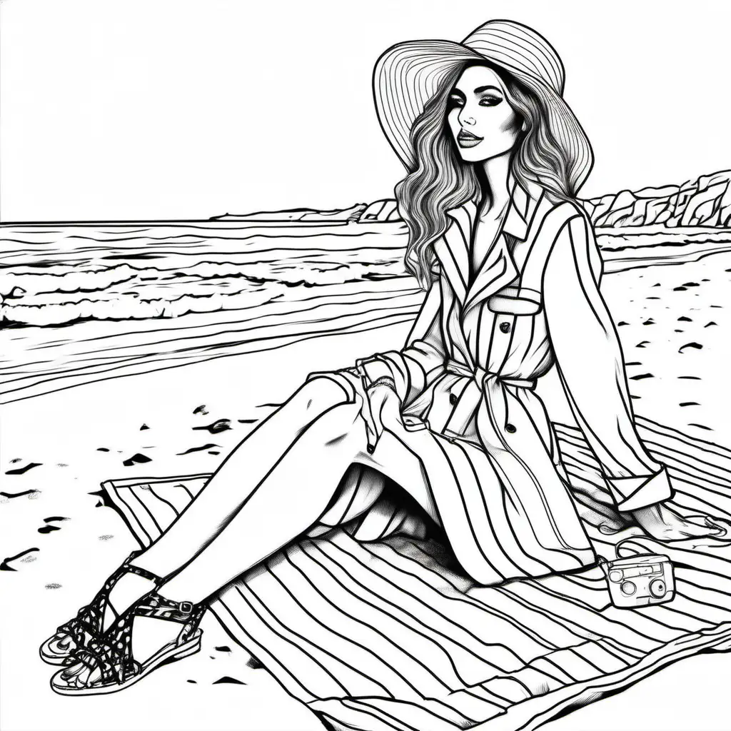 Relaxing Beach Scene Coloring Page with Chic Fashion Elements