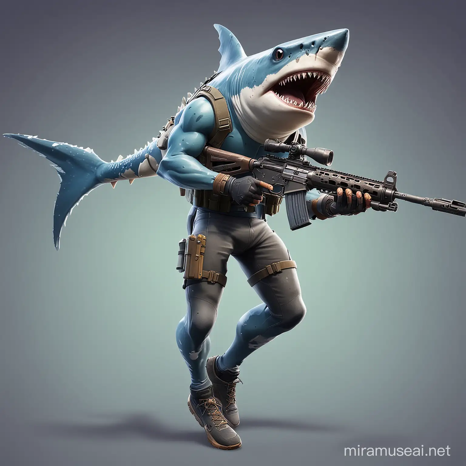 A shark-like skin in Fortnite holding a sniper rifle and running