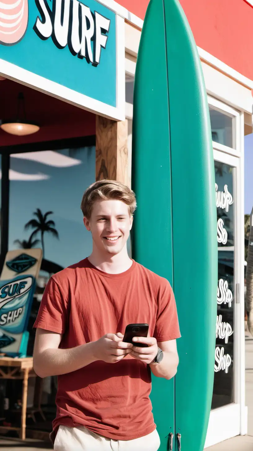 young white man holding phone in front of surf shop 