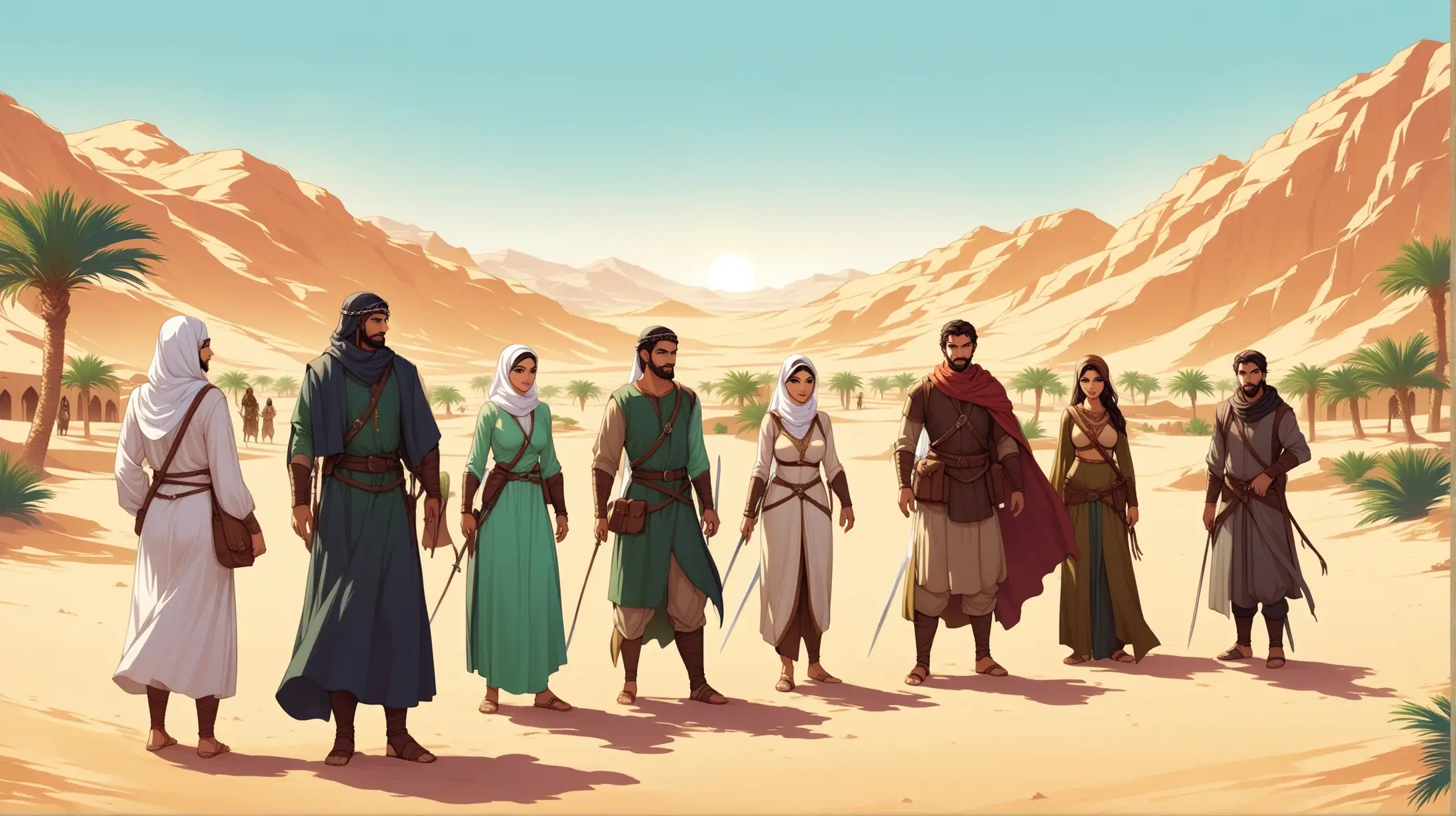 group of adventurers, women and men, Arabic Persian, desert oasis, Medieval fantasy